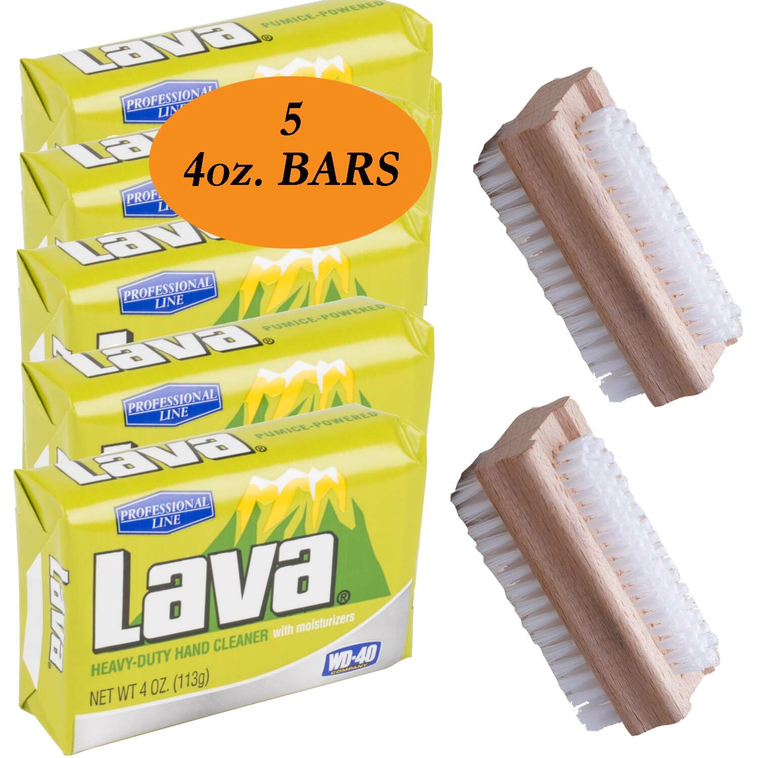 Lava Soap Heavy-Duty Pumice soap with Moisturizer, 5 x 4oz and 2 Nailbrush
