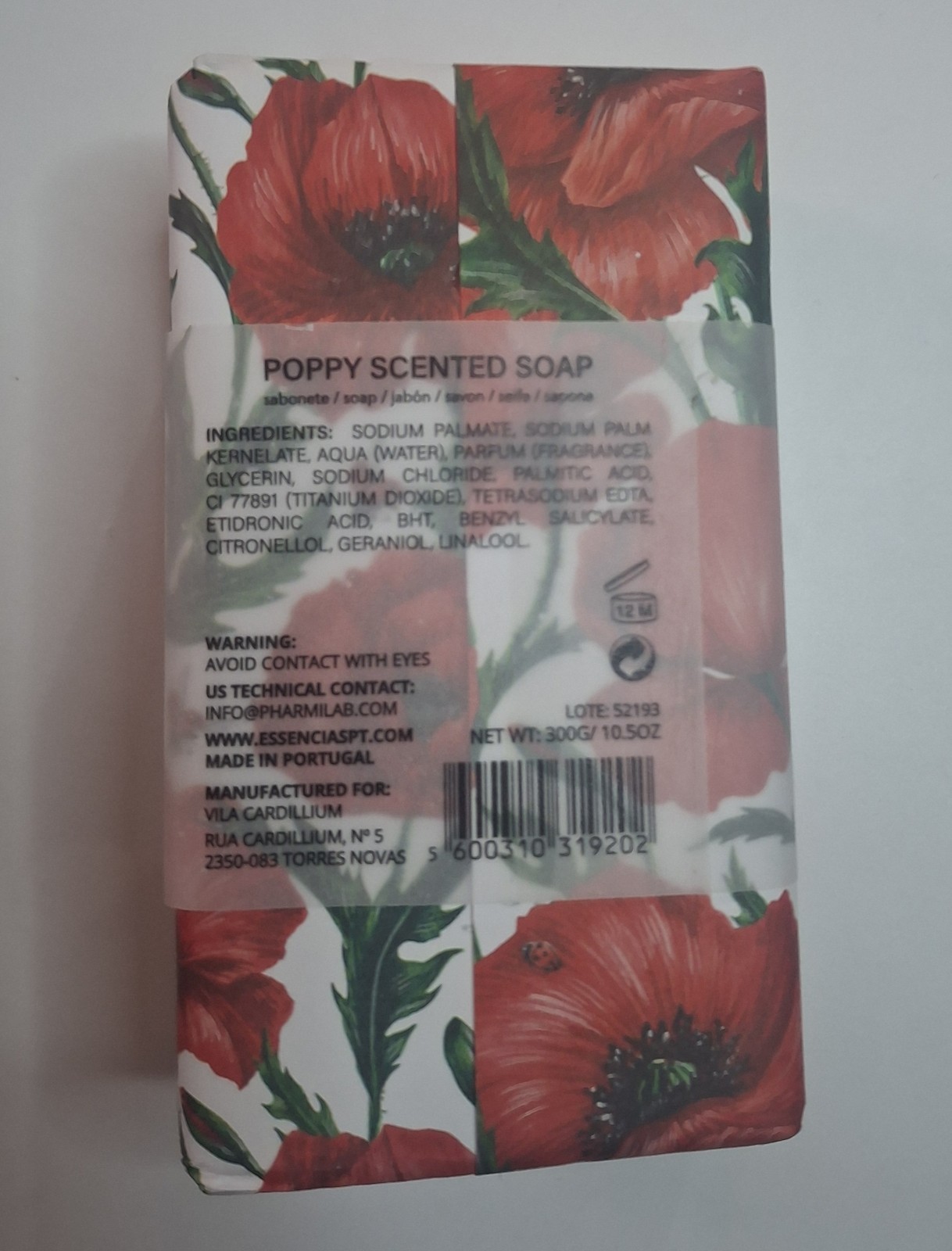 Vila Cardillium Poppy Scented Bar Soap 10.5 oz Made in Portugal