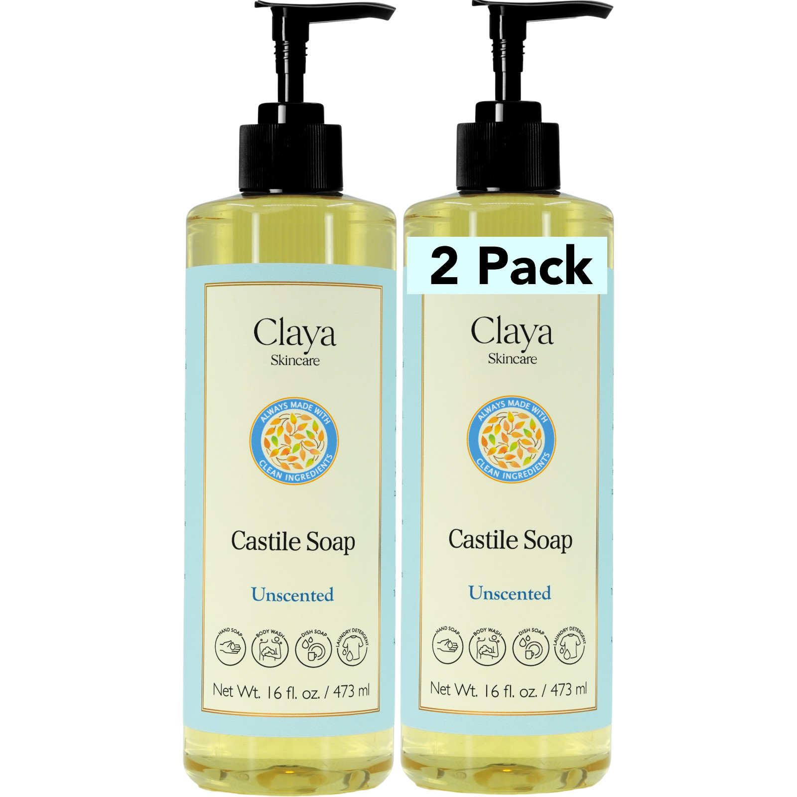 Liquid Castile Soap (2 pack ) – Organic Ingredients, Gentle For Sensitive Skin