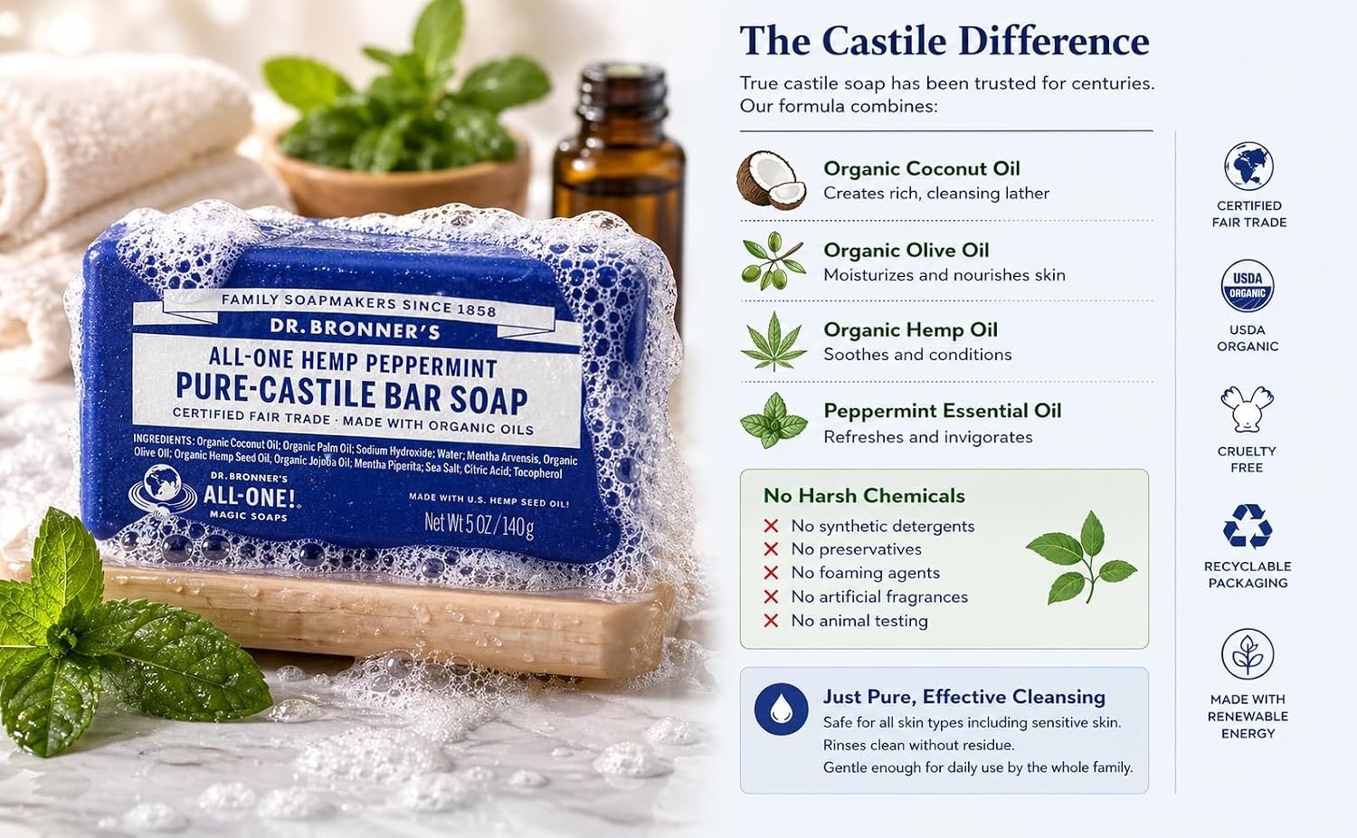 Dr Bronner’s Pure Castille Peppermint Bar Soap, 5 Ounce Pack of 6