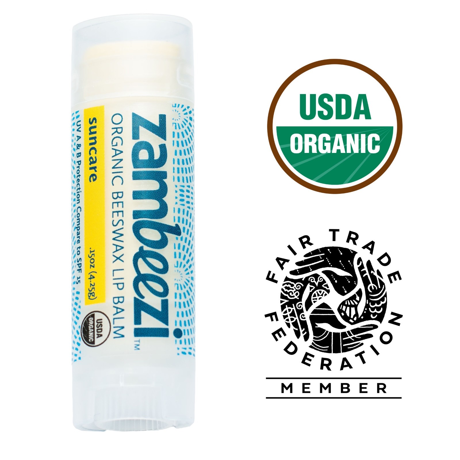3 pack Zambeezi Organic Fairtrade Beeswax Lip Balm, Zambia Africa SunCare SPF15