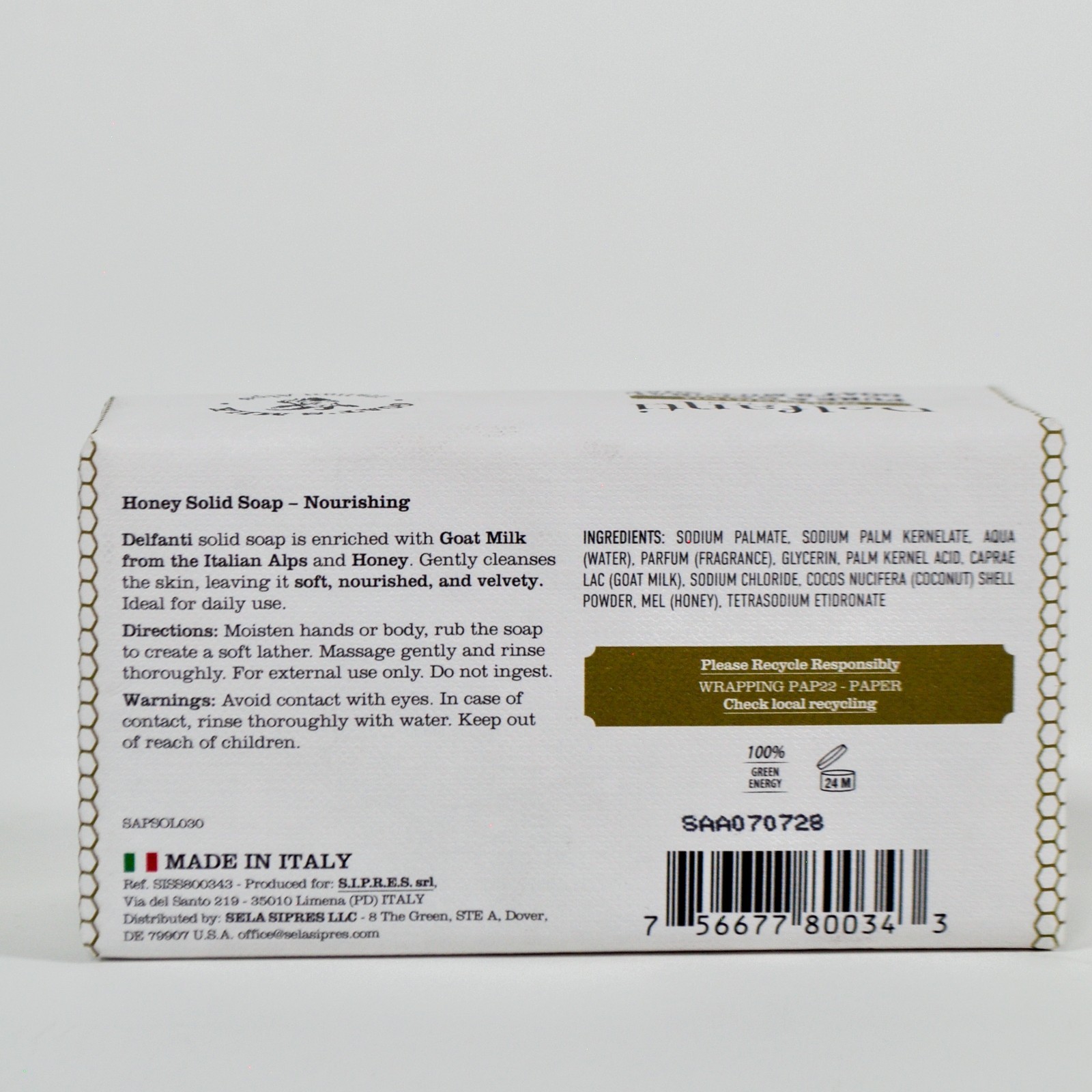 Delfanti Milano Goat’s Milk Soap Honey Nourishing Natural Bar 10.5oz Made Italy
