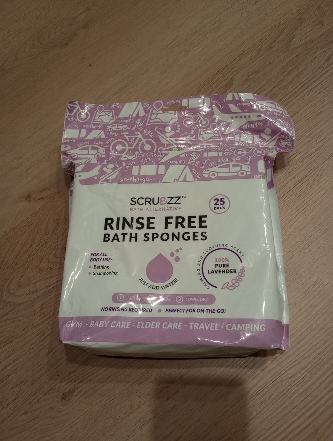 NEW Scrubzz Disposable No Rinse Wipes 25 Pack Lavender Camping Travel Vacation