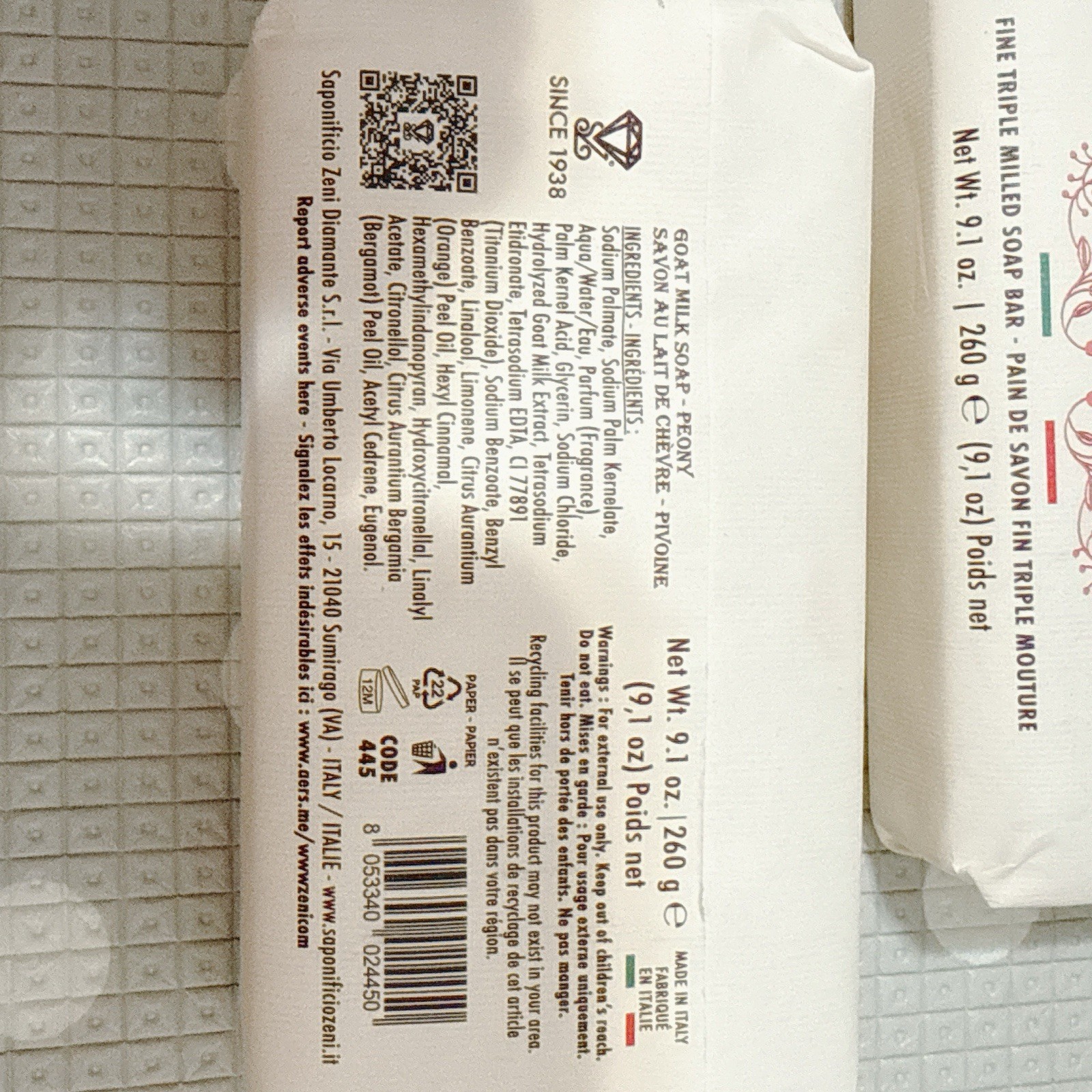 2 pcs ZENI Scent : GOAT MILK – Peony fine Milled ITALIAN Soap Bar 9.1 Oz/each