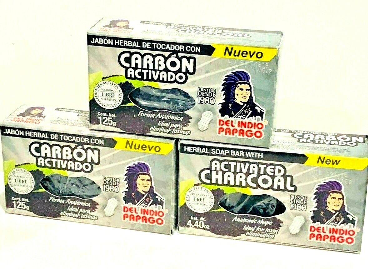 DEL INDIO PAPAGO ACTIVATED CHARCOAL HERBAL SOAP BAR 3 SOAP (ELIMINA TOXINAS)