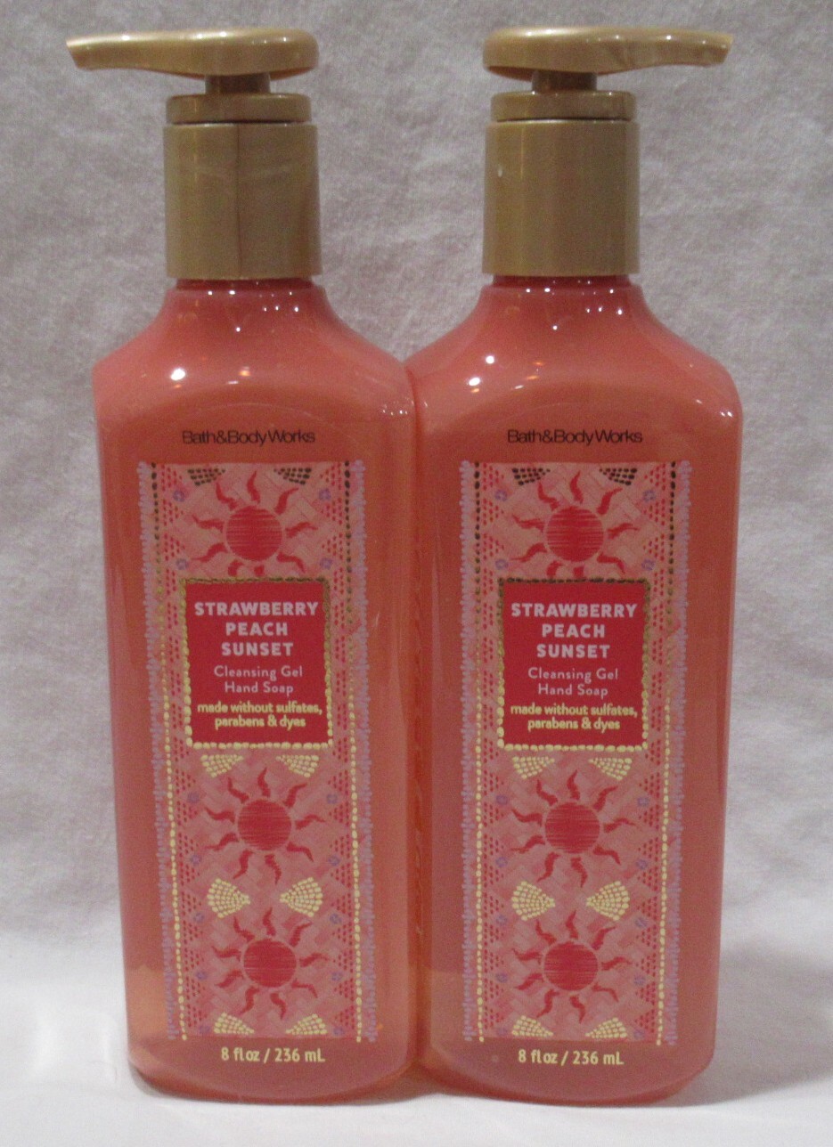 Bath & Body Works Cleansing Gel Hand Soap Lot Set of 2 STRAWBERRY PEACH SUNSET