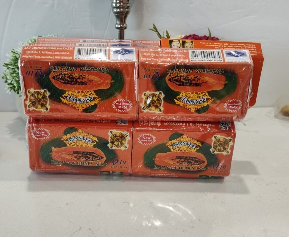 4 Asantee Thai Herbal Papaya Honey Soap with Q10, AHA, BHA Skin Whitenin 125g