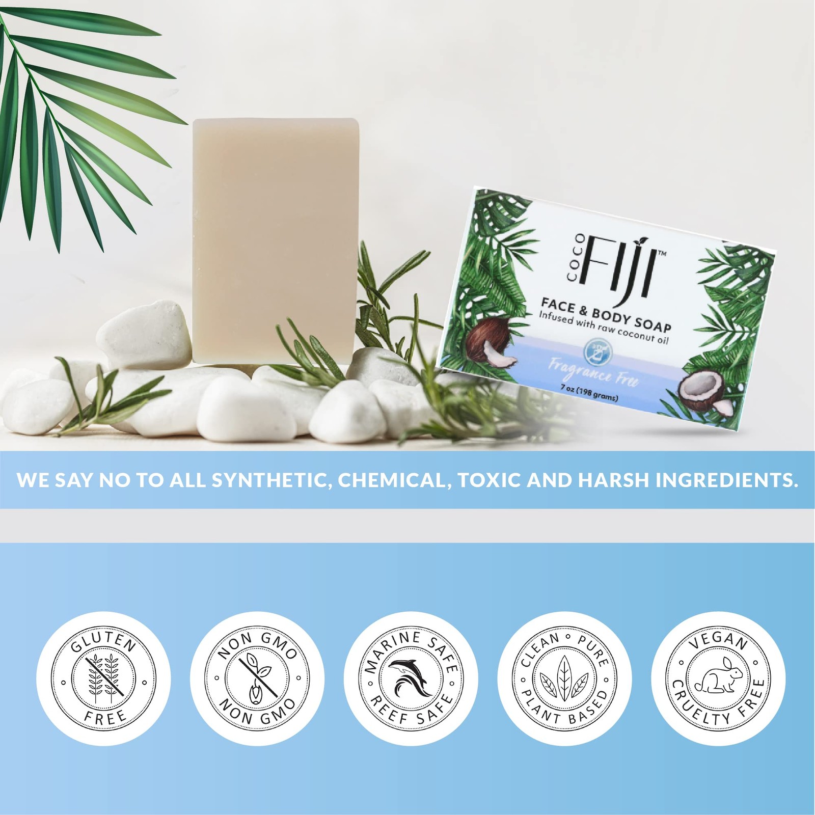 Coco Fiji Organic Coconut Oil Soap Bar 7 oz Fragrance Free Pack of 2