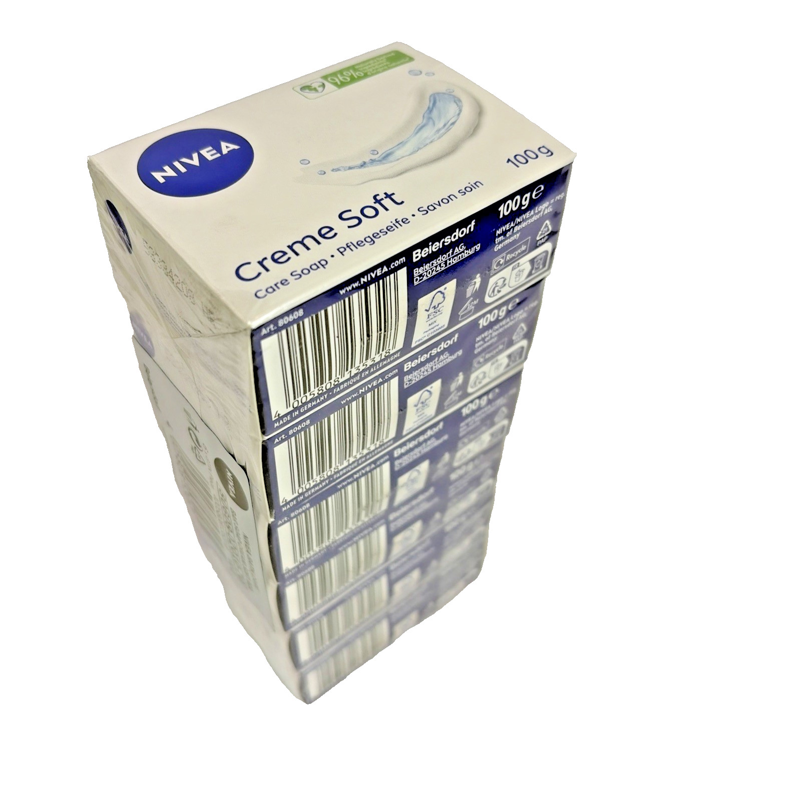 Pack Of 6 Nivea Creme Soft Care Bar Soap 96% Naturally Derived Ingredients 100g