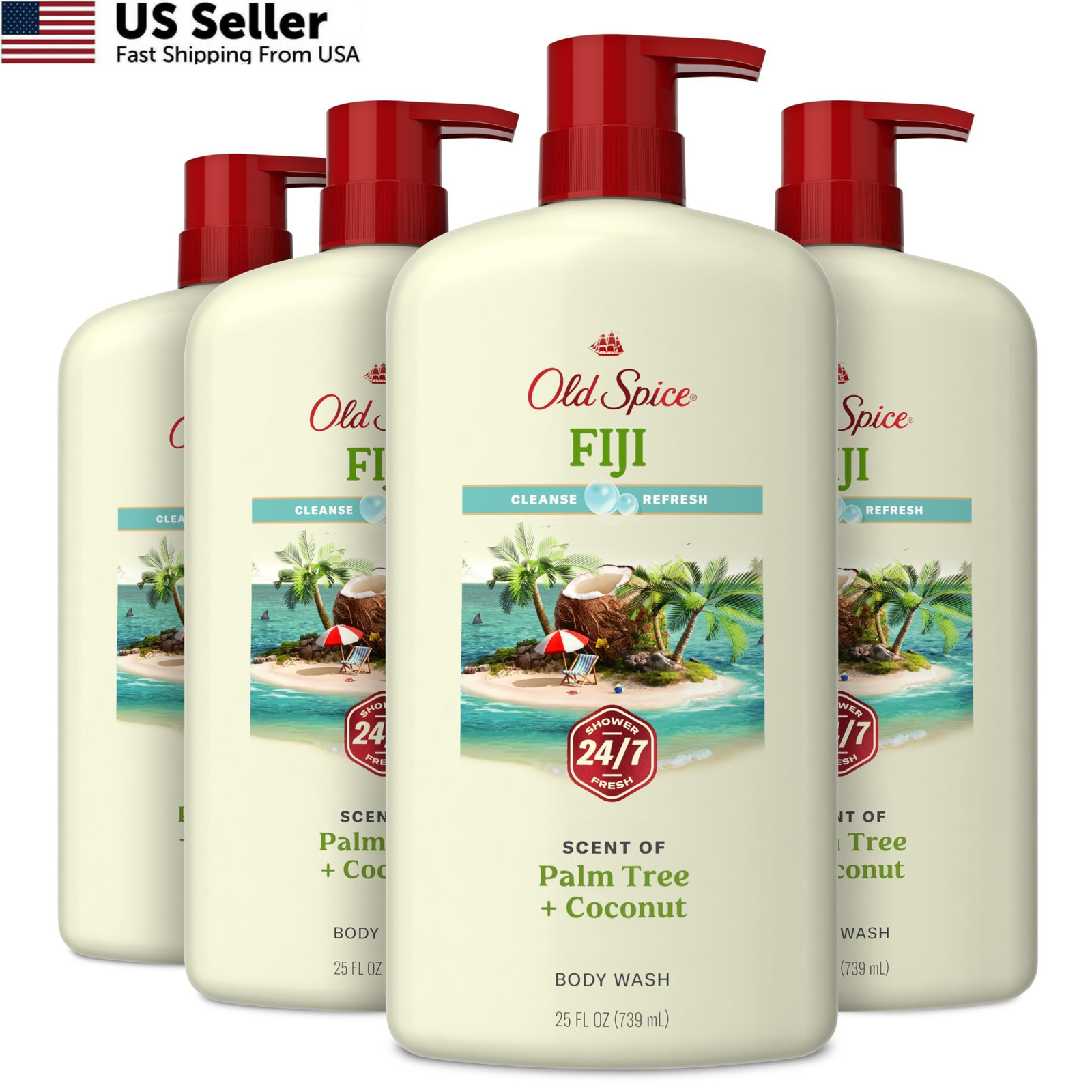 Old Spice Body Wash for Men, 24/7 25 Fl Oz (Pack of 4), Fiji w/ Palm Tree