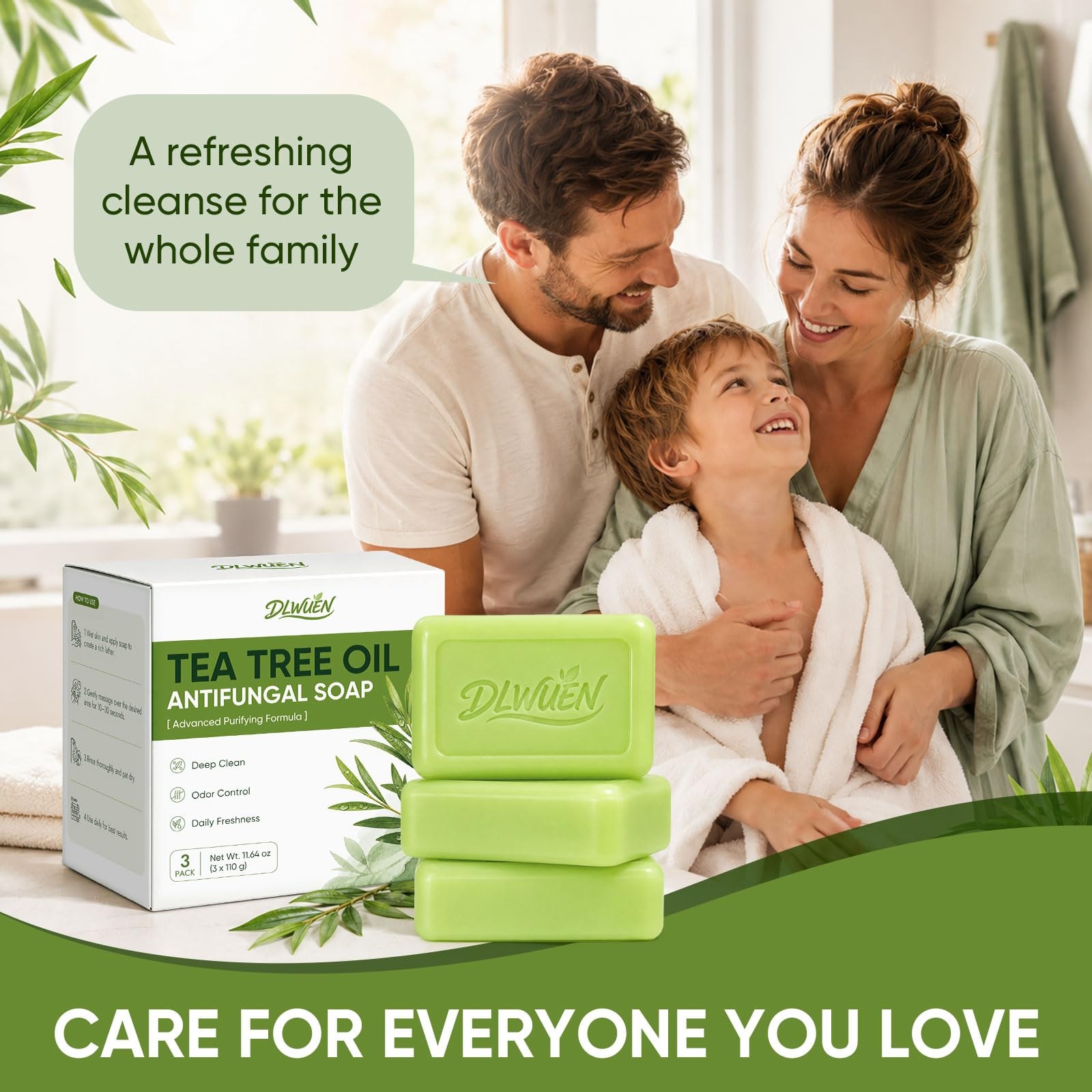 DLWUEN Antifungal Tea Tree Soap 3 Pack, 3.88 Ounce (Pack of 3), Green