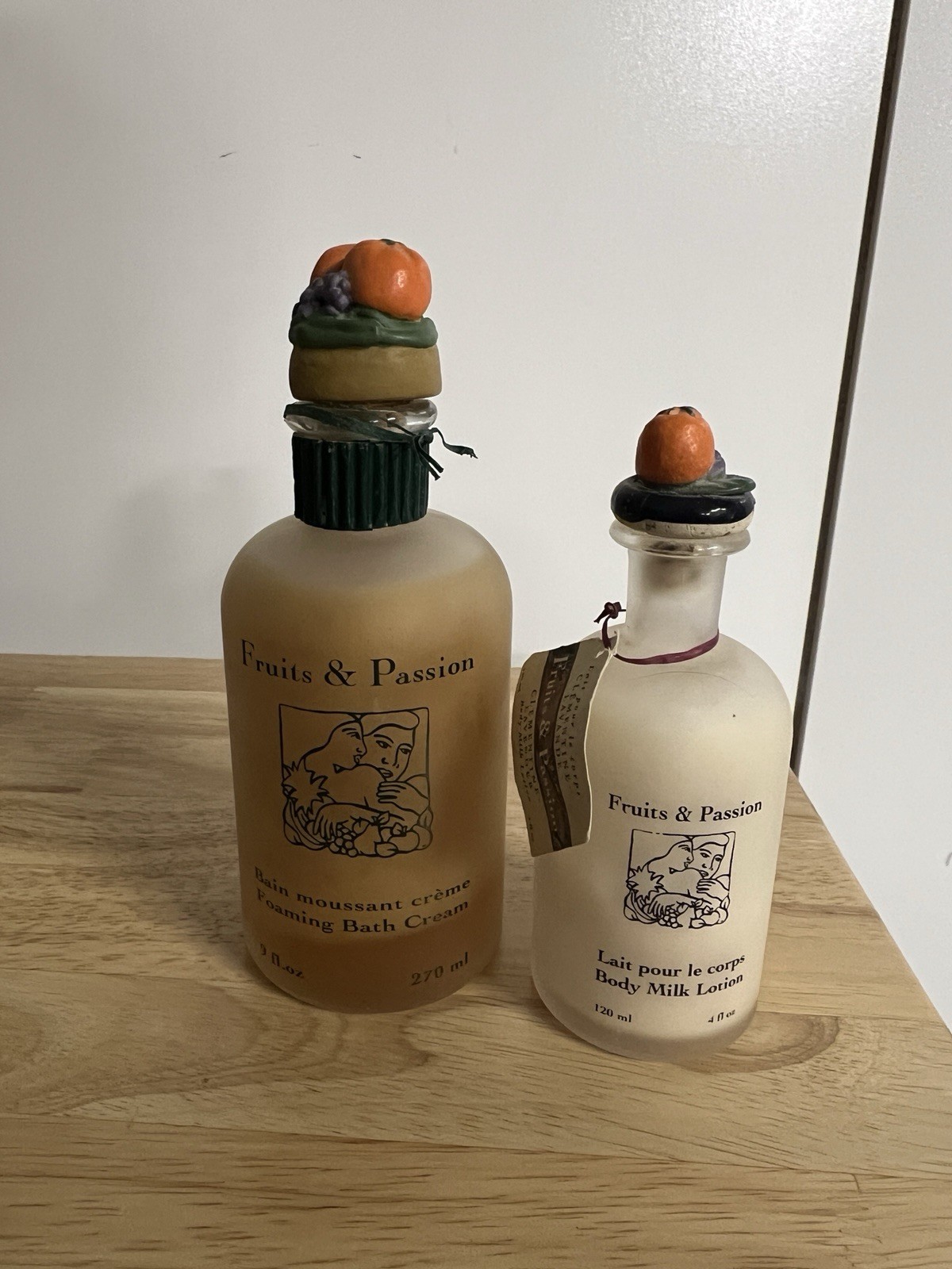 Vintage FRUITS & PASSION Foam Bath Glass Bottle Orange Cantaloup & Body milk