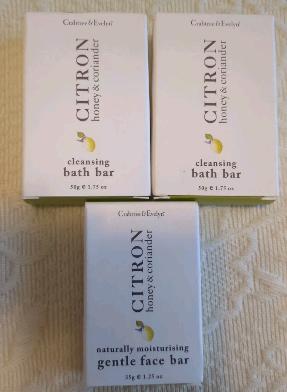 Crabtree & Evelyn Citron Honey & Coriander Bath & Face Bar Soap 1.25 oz Set of 3