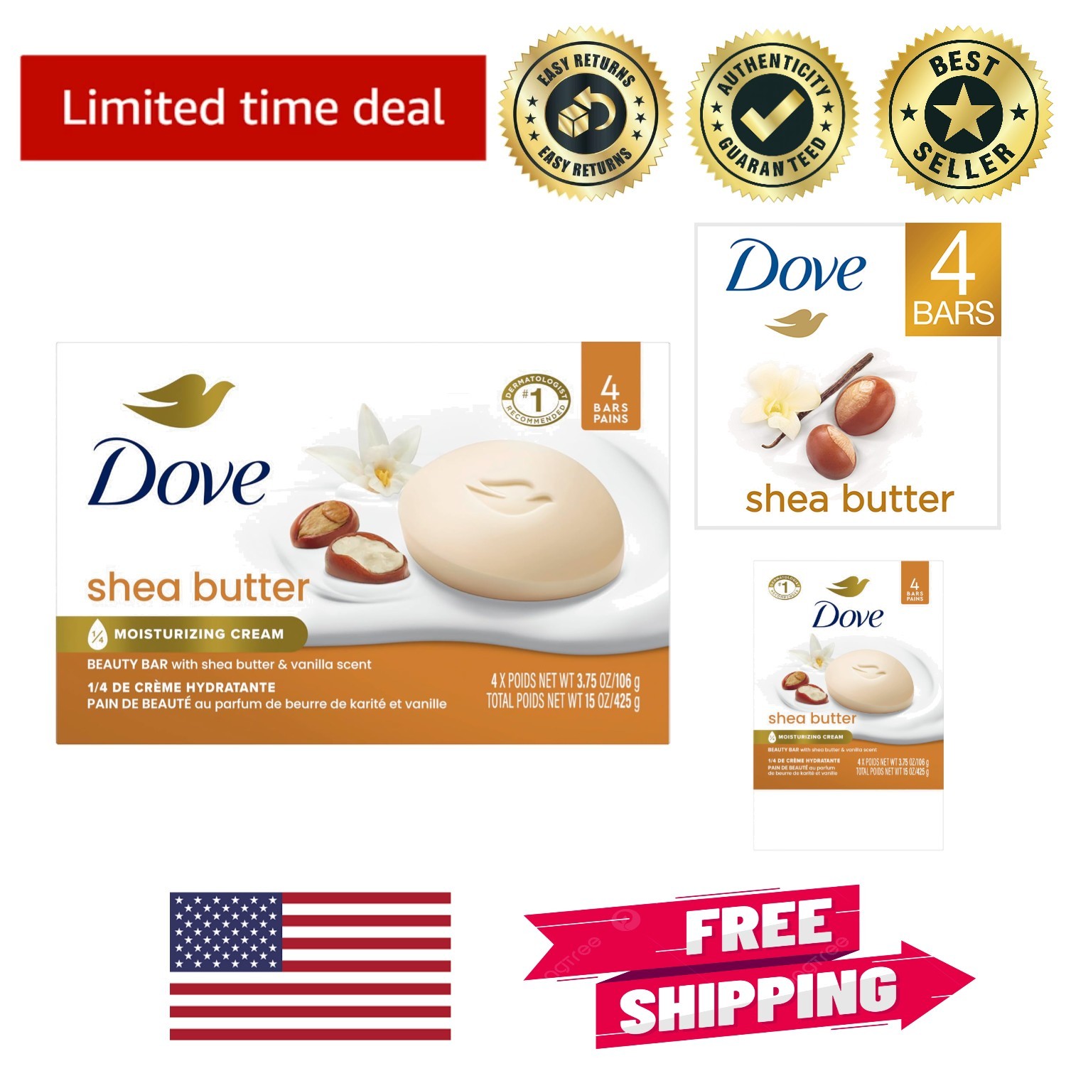 Moisturizing Shea Butter Beauty Bar Soap 4 Count for Radiant Skin 3.75 oz