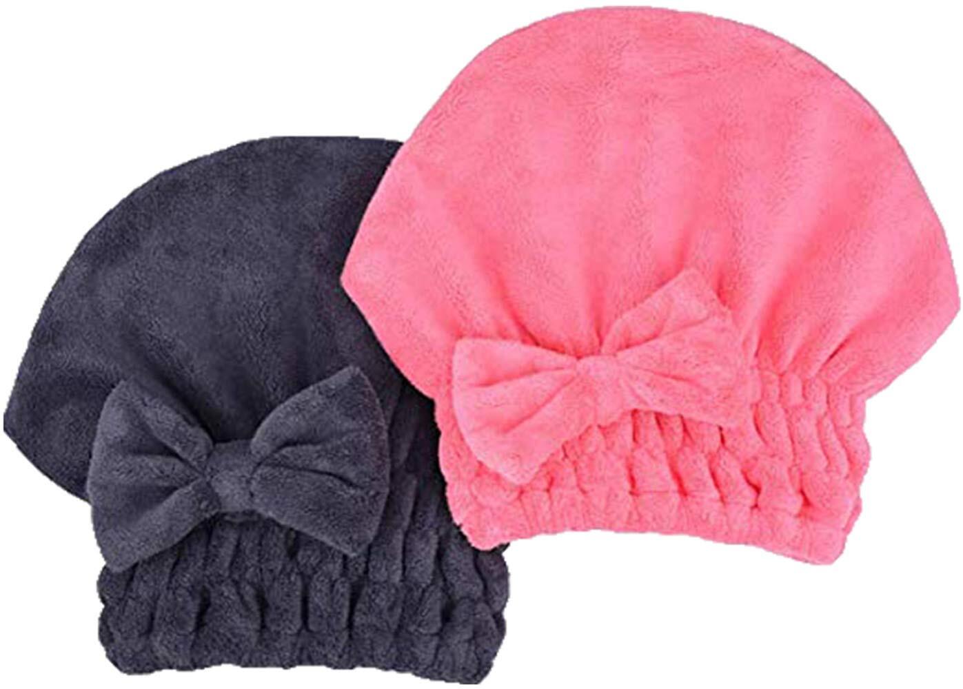 Microfiber Hair Drying Towels Head wrap with Bow-knot 1darkgrey+rose Red