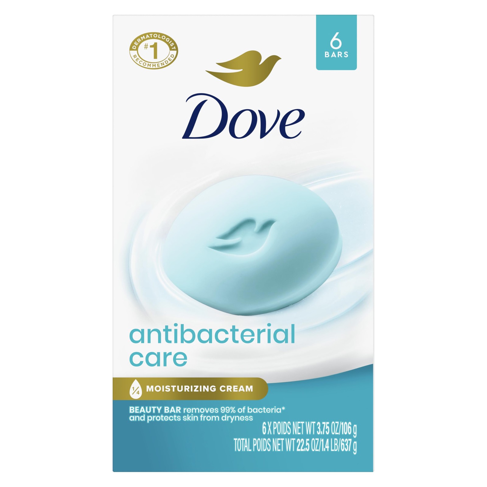 Dove Antibacterial Care Beauty Bar Soap 6 3.75 Ounce (Pack of 6), White