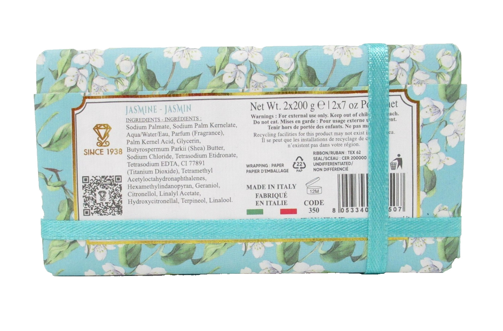 Diamante Italian Luxury Bath Bar Soap 2-Pack Jasmine scent 7oz each (14oz total)