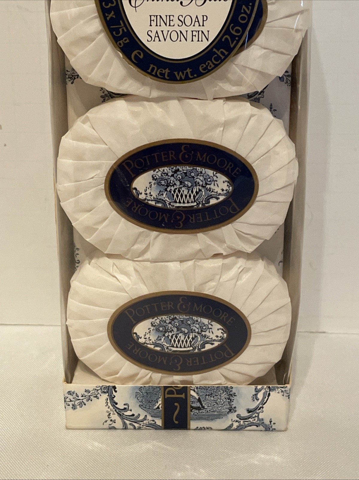 Potter & Moore China Blue Fine Soap 3 Bars Made in England White Willow Ginseng