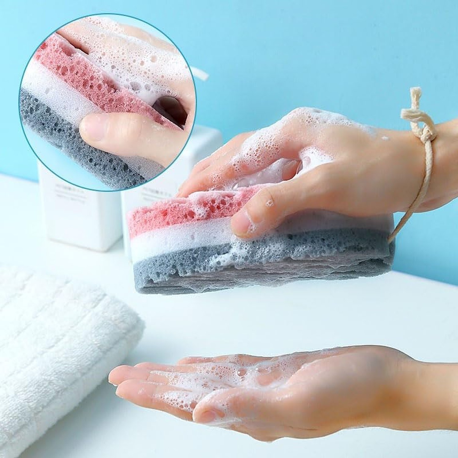 2-Piece Set of 3-Layer Bath Sponges: Soft PU Foam Body Exfoliating Sponges, E…