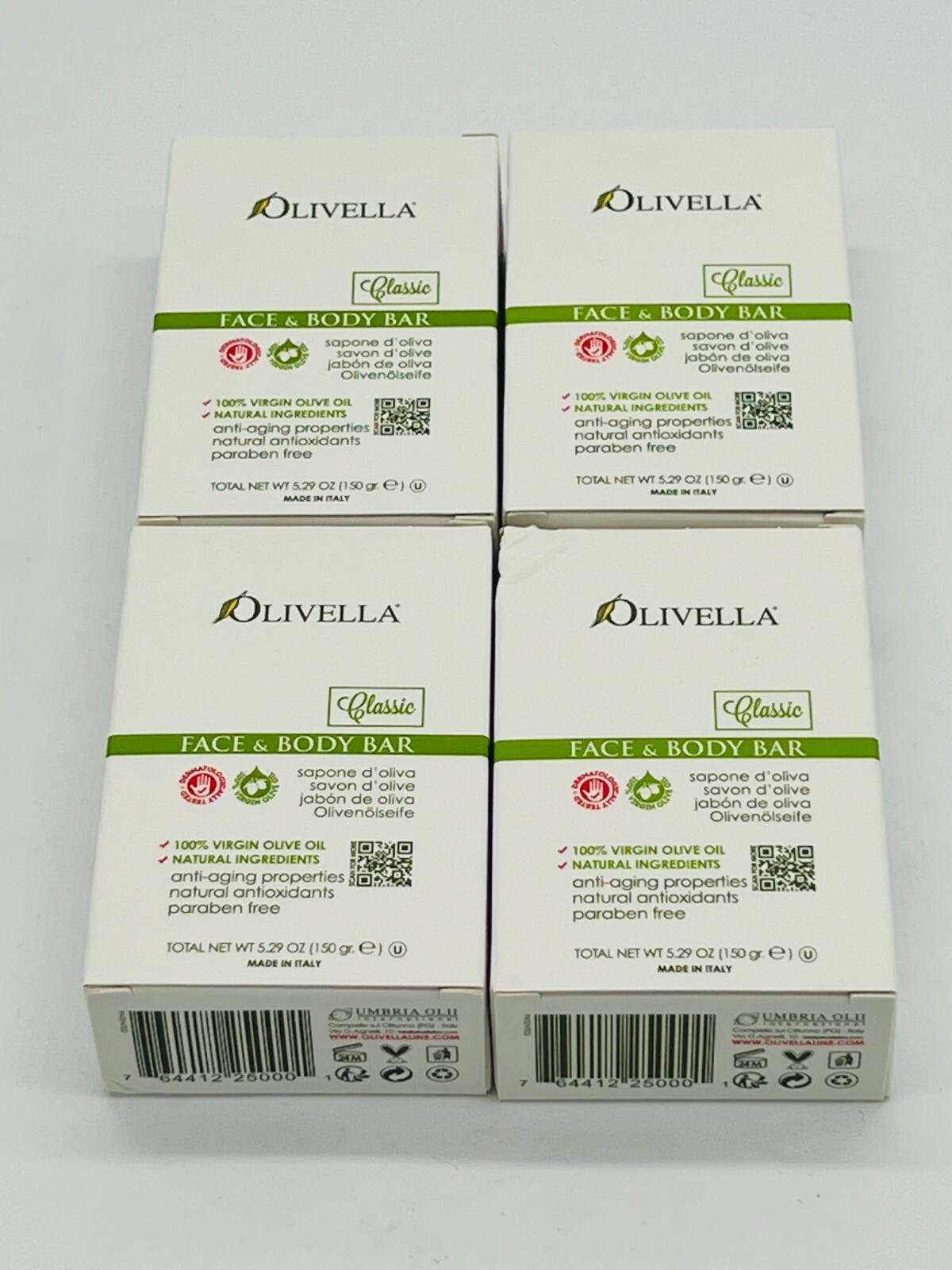 Olivella 100% Virgin Olive Oil Bars 4 Pack Face & Body Soap Italy Anti Aging