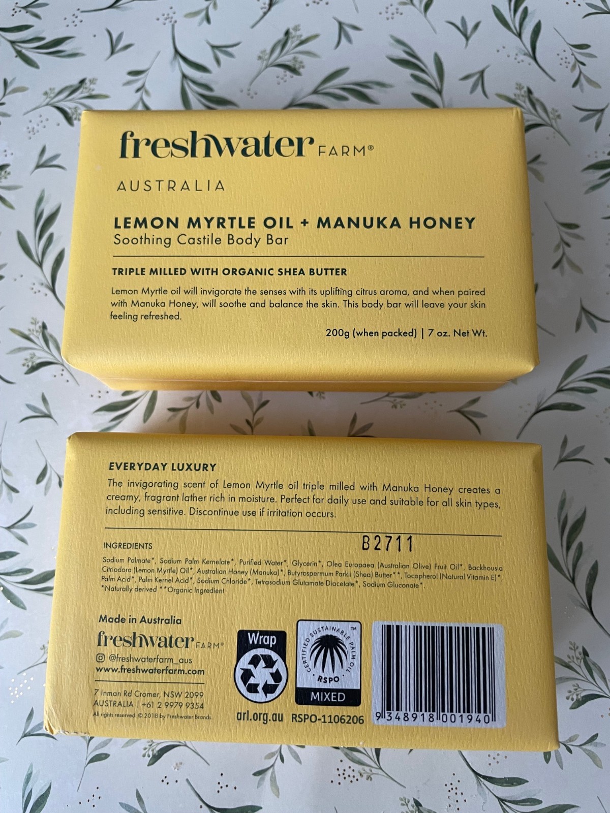 FRESHWATER FARM Lemon Myrtle Oil + Manuka Honey Castille Body Bar Soap x 2 ~ NEW