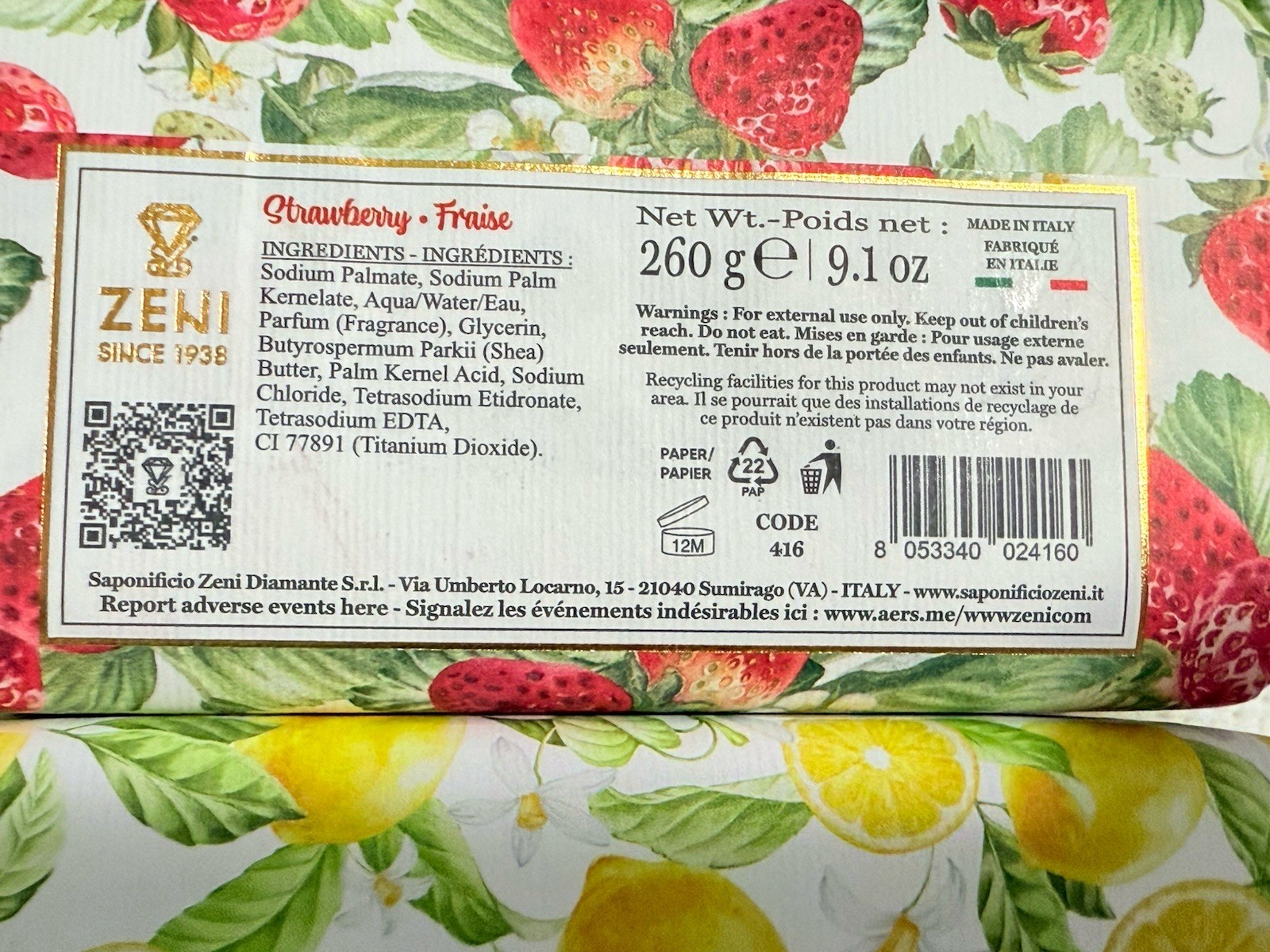 2 pcs ZENI Scent :Strawberry & Lemon Fine Triple Milled ITALIAN Soap Bar 9.1 Oz