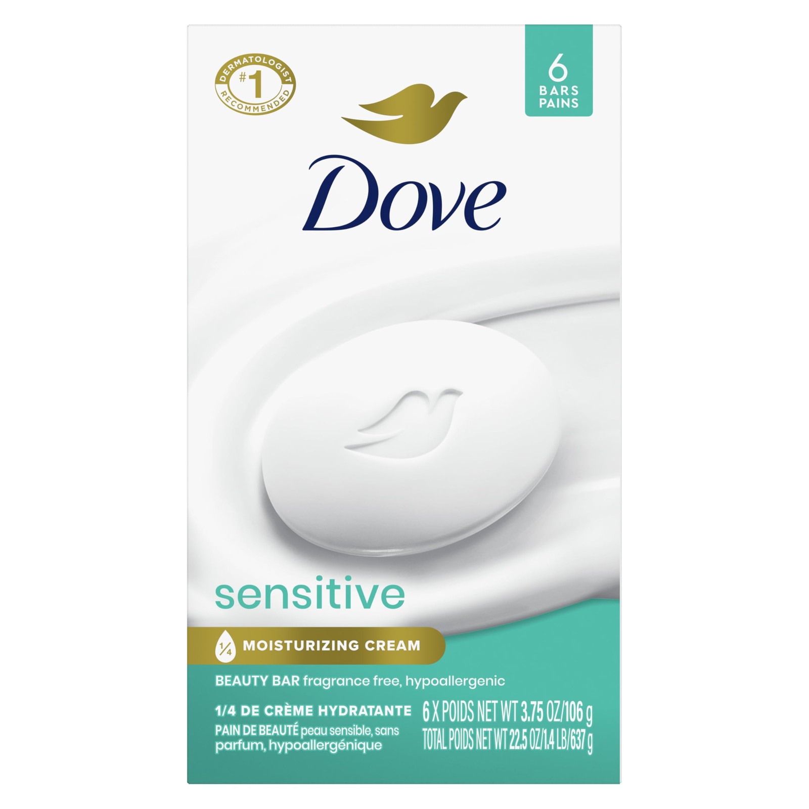 Dove Beauty Bar Soap Sensitive, 6 Bars for 3.75 Ounce (Pack of 6), White