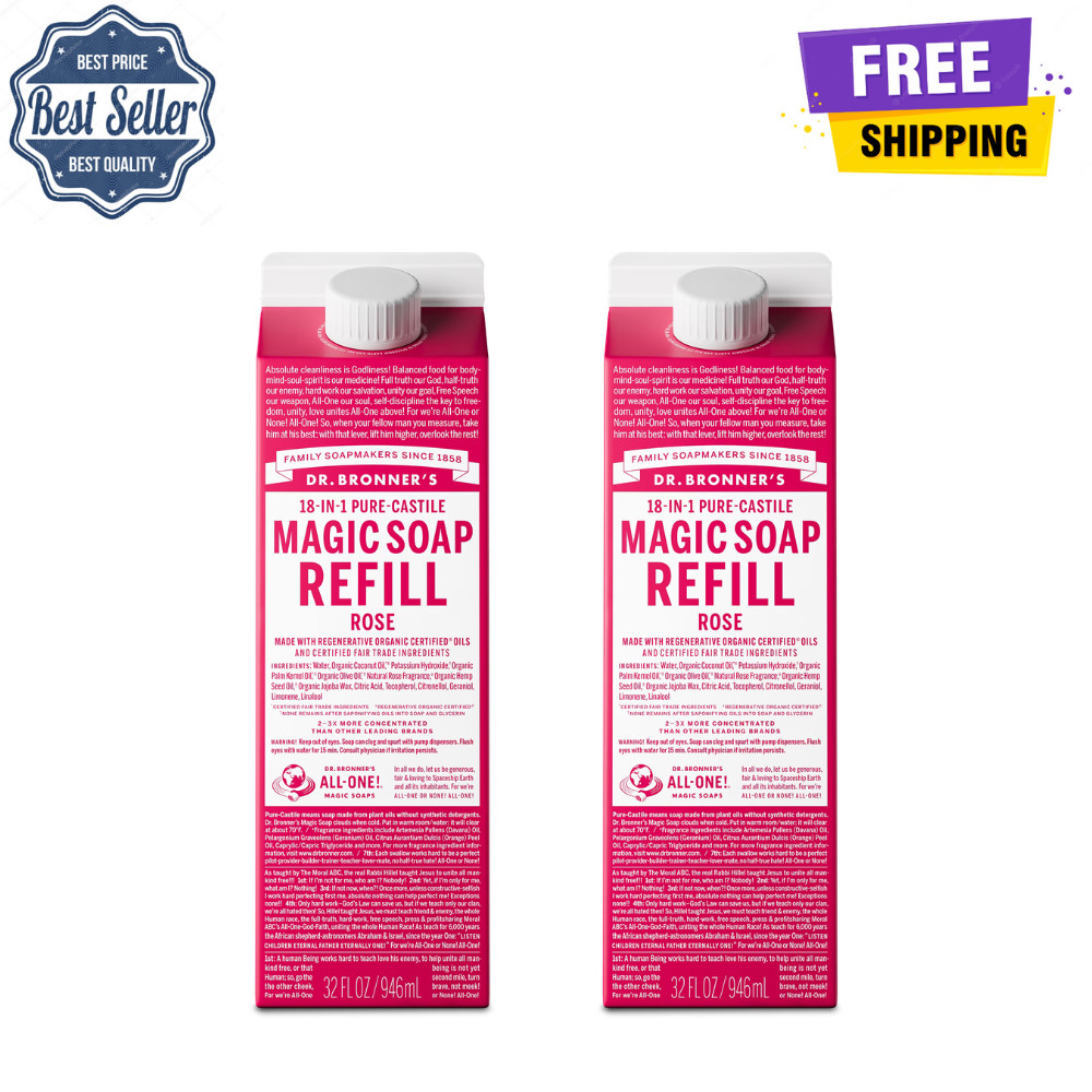 2PK Dr. Bronner’s Magic Soap Refill, Rose, Pure-Castile Liquid Soap Carton, 32oz