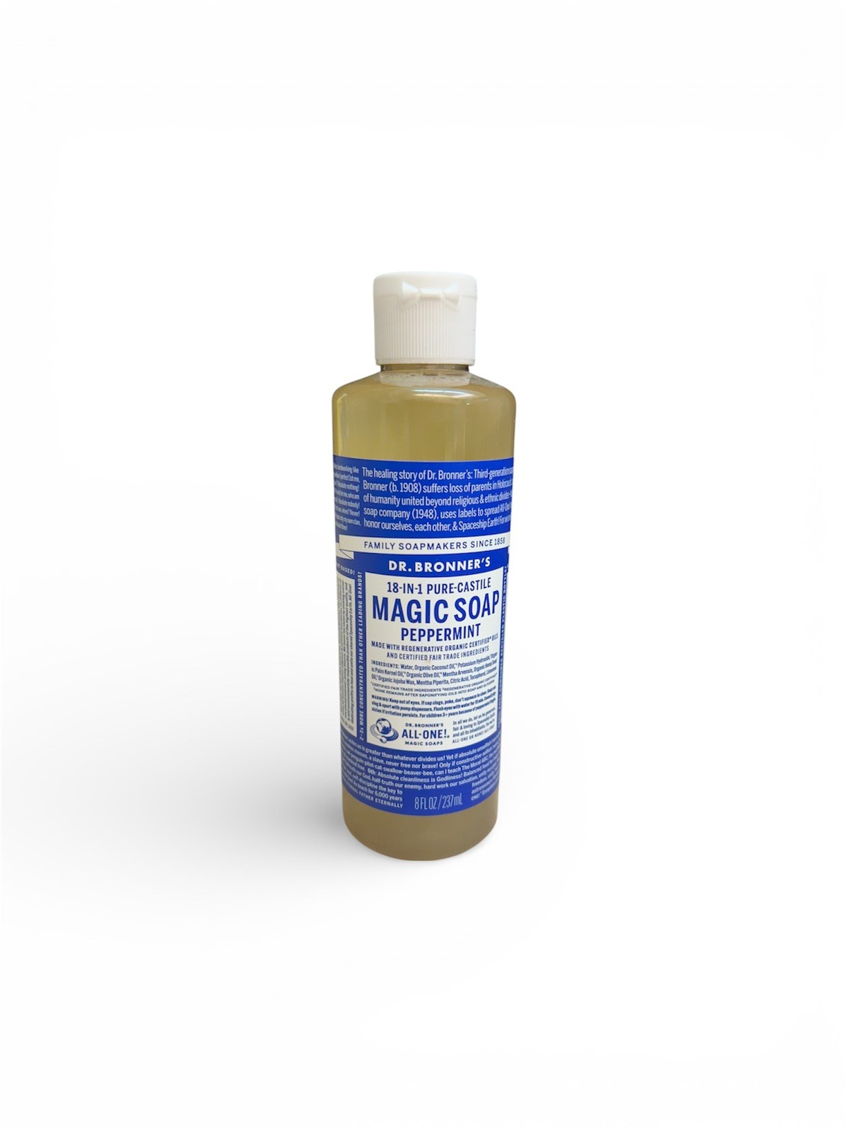 Dr. Broner’s- Pure-Castile Magic Liquid Soap (Peppermint 8,oz), Non GMO, Vegan
