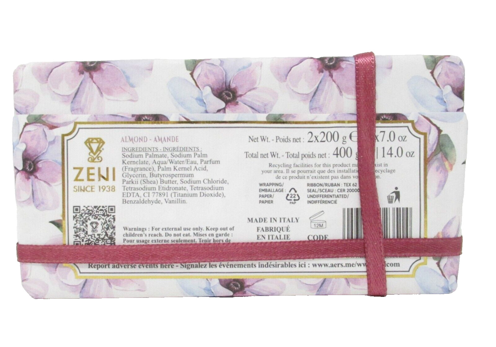 Zeni Italian Luxury Bath Bar Soap 2-Pack Almond 7oz each (14oz total)