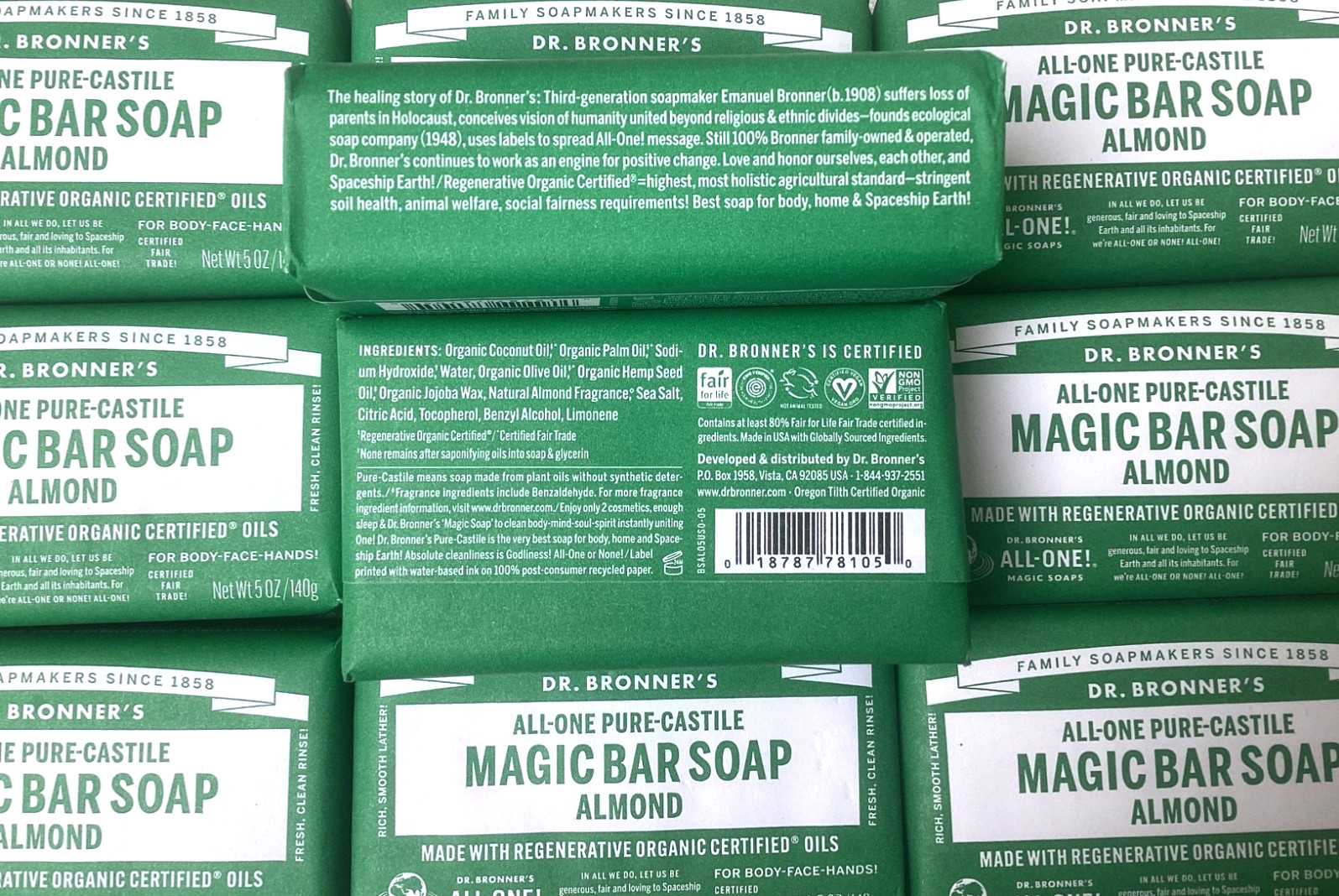 12 Pack Dr. Bronner’s All-One HEMP ALMOND Pure Castile Bar Soap Organic