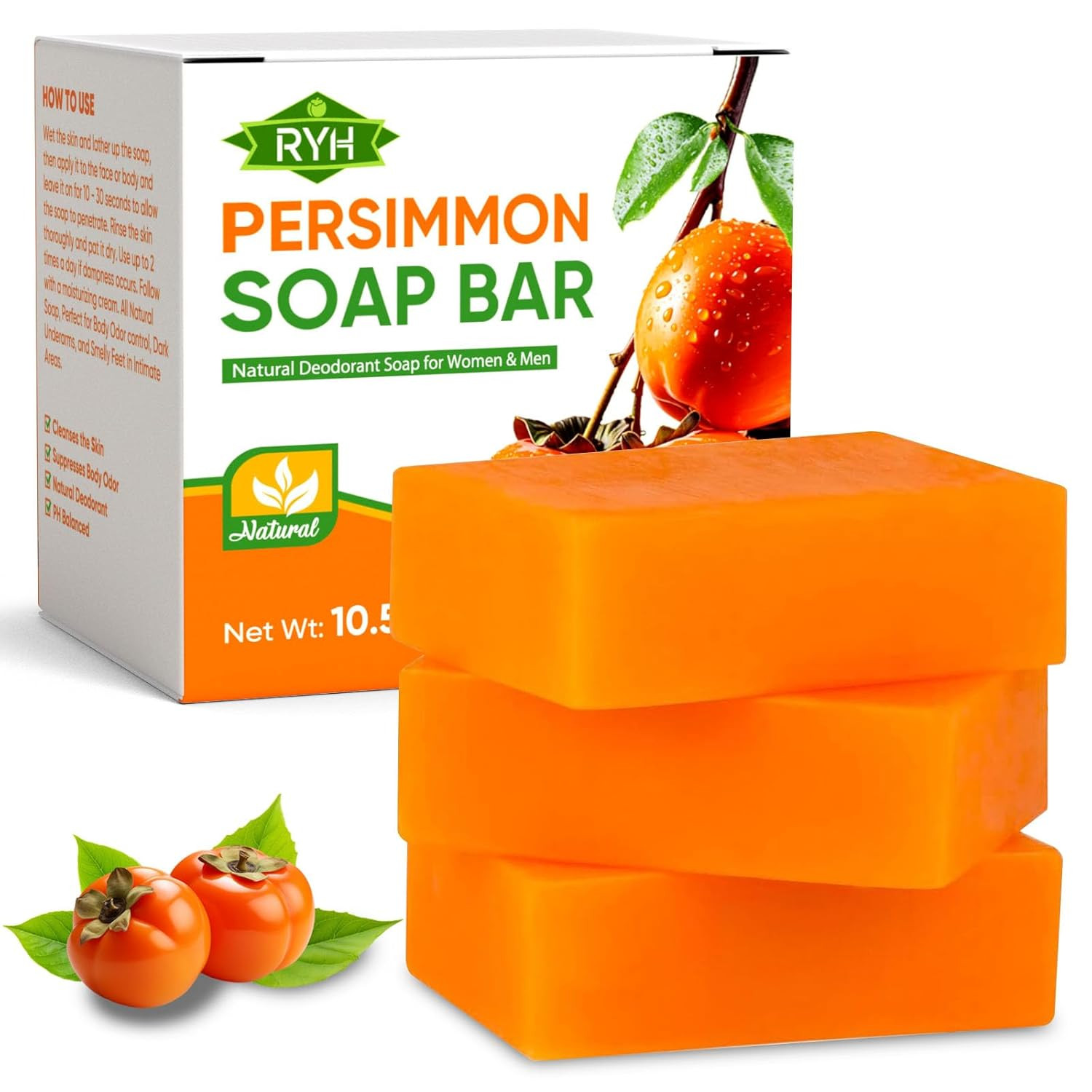 3 PCS Persimmon Soap Bar for Body Odor Control–Deodorizing & Eliminating Body Od