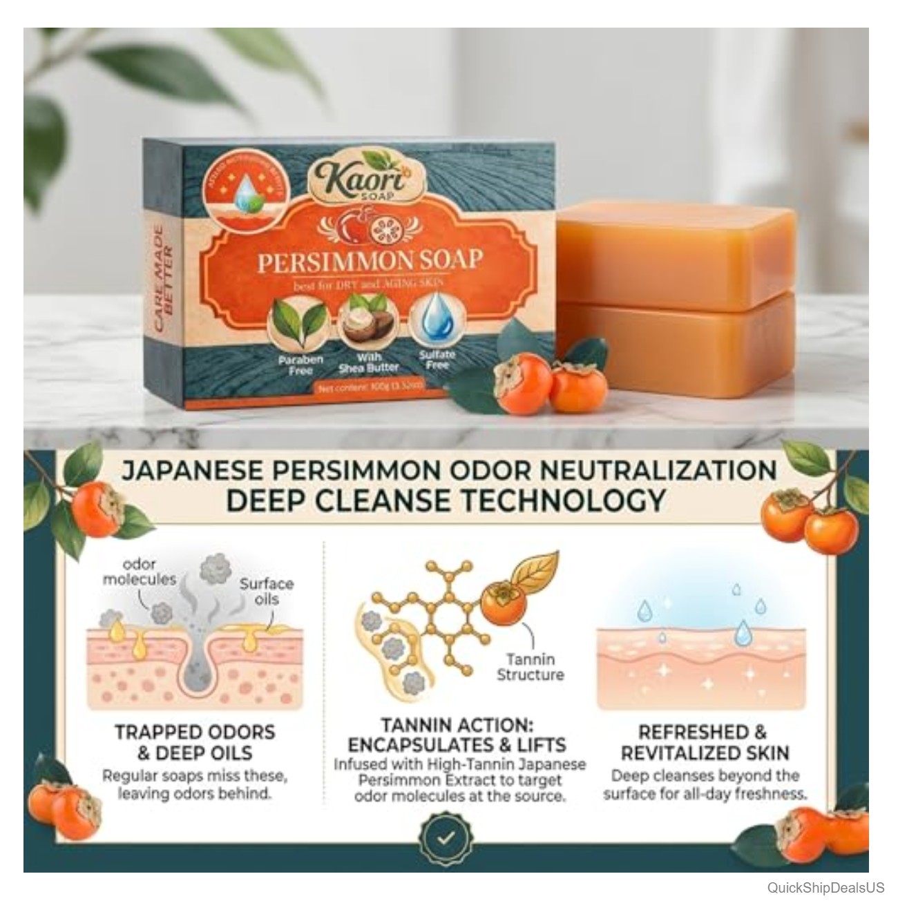 Persimmon Body Soap Bar Mature Skin Hydrating Freshness Oil Control 7.04 Ounce
