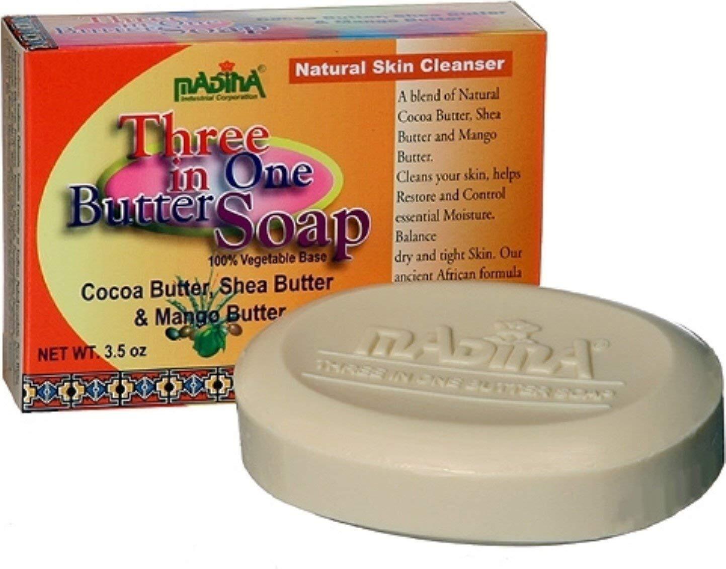 Three in One Butter Soap by Madina 100% Vegetable base 4.75 oz Bars 6 or 12 Pk