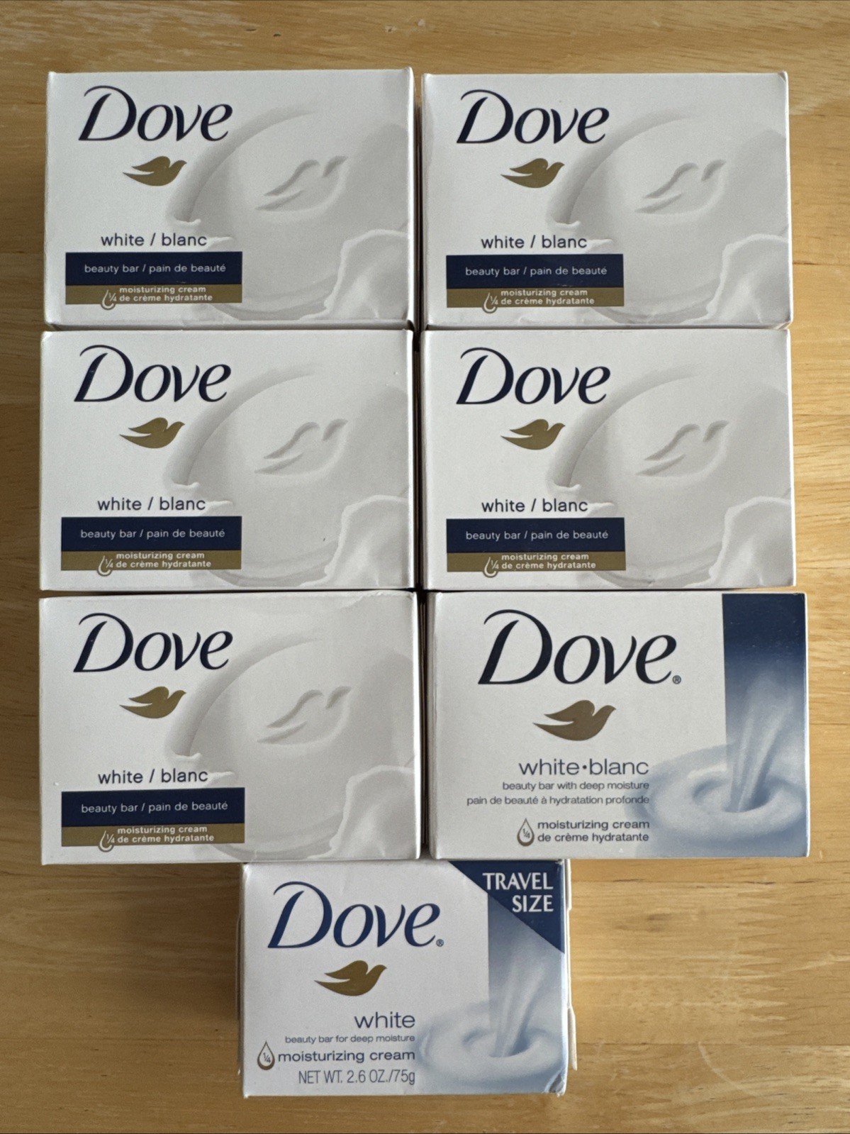 Dove White Lot Of 6 Full Size Soap Bars + 1 Travel Size New In Boxes