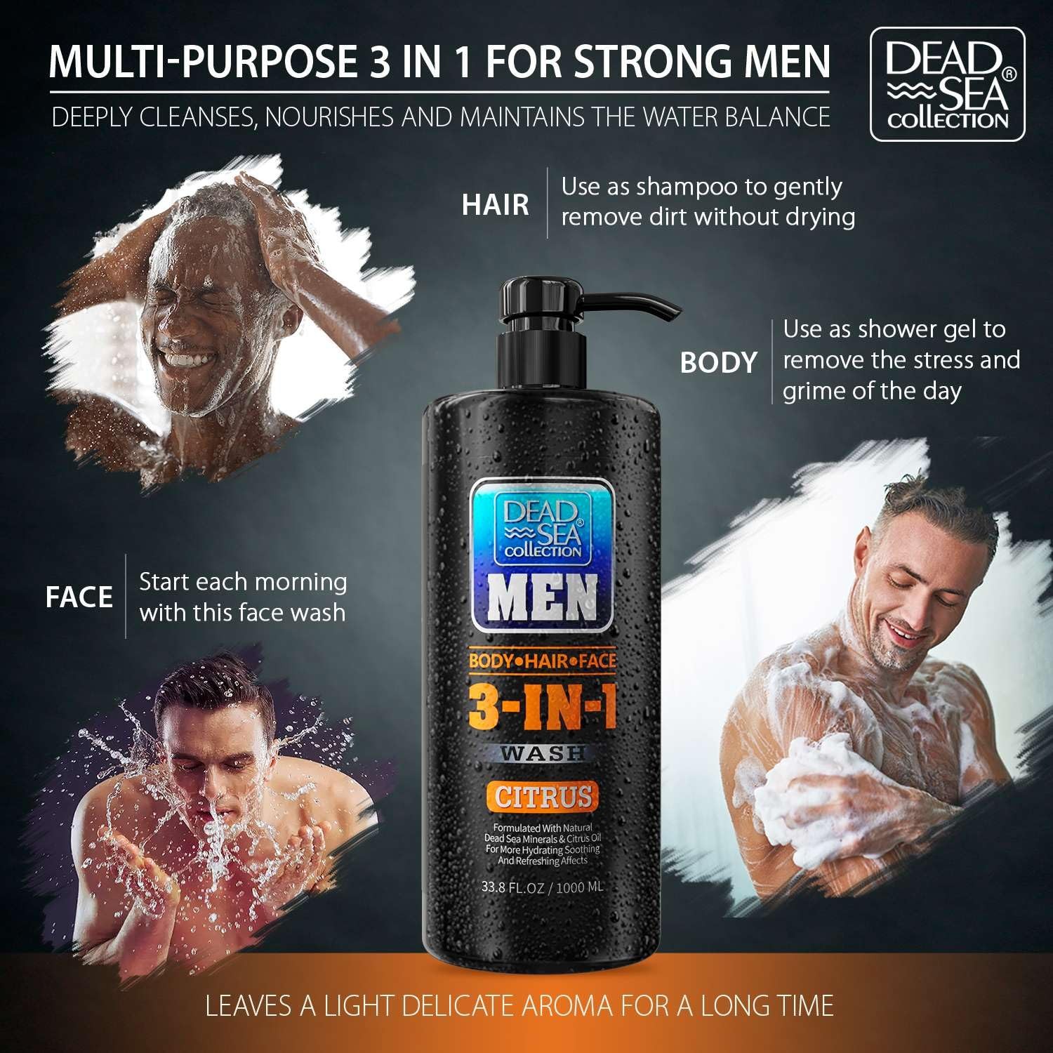 Dead Sea Collection Mens Body Wash 3 in 1 – 33.8 Fl Oz (Pack of 2), Citrus