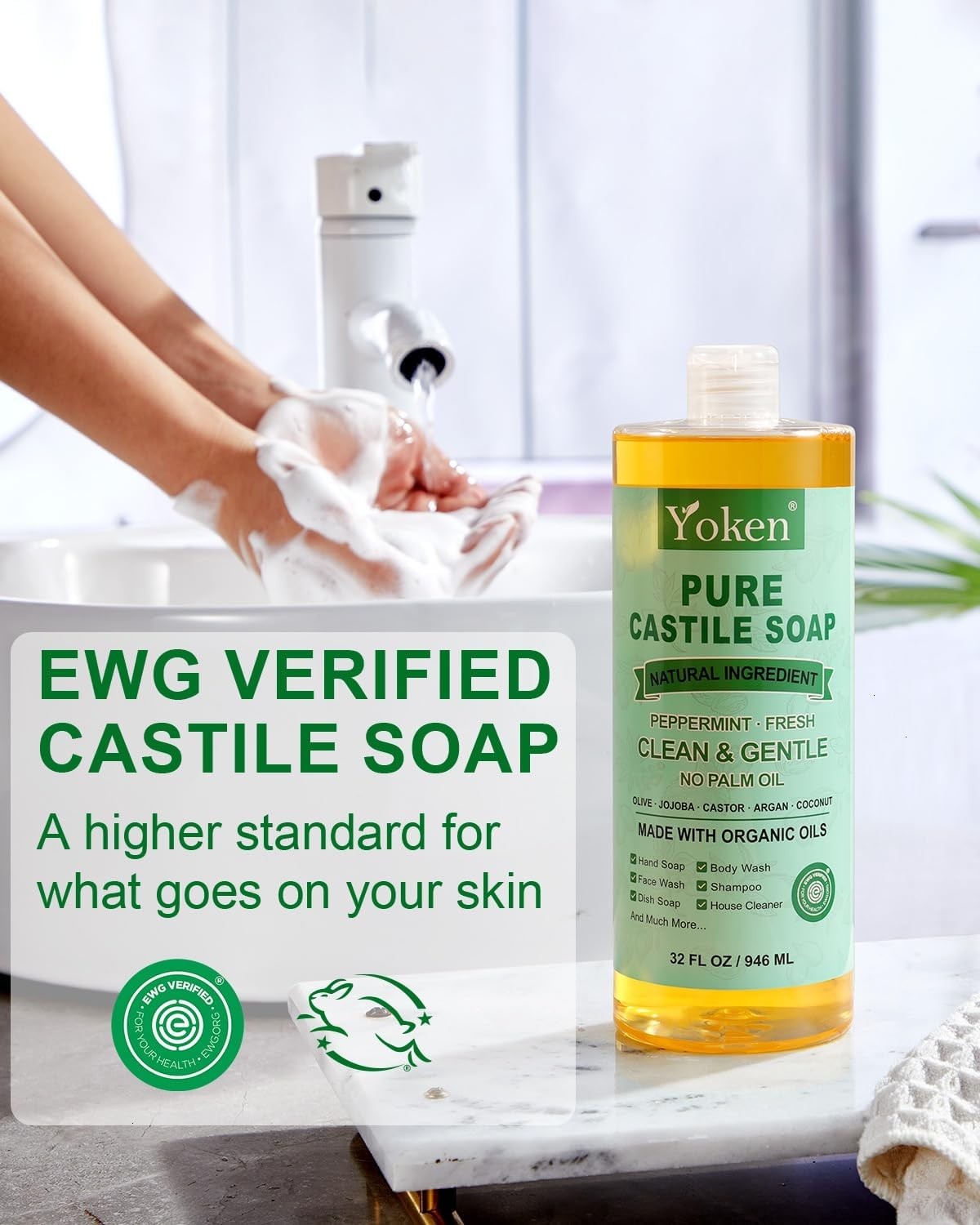 EWG Peppermint Castile Soap 32oz, with Oils Multi-Purpose Cleanser | Gentle