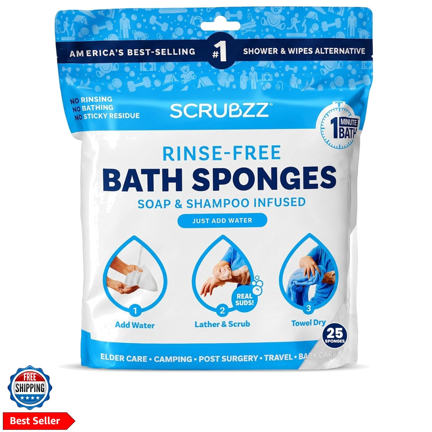 Disposable Rinse Free Bathing Wipes – 25 Pack – All-in-1 Single Use Shower Wi…