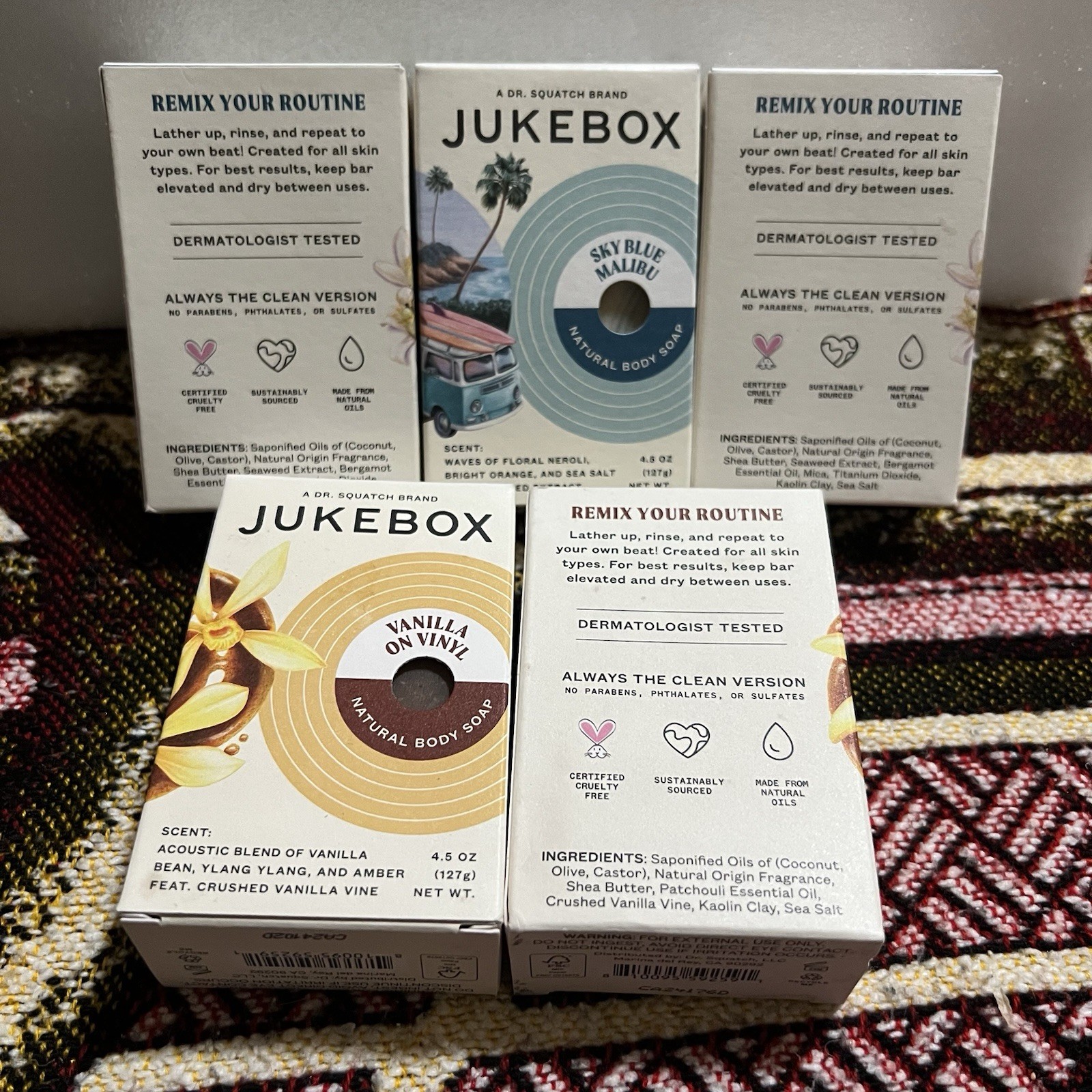 Jukebox Natural Body Bar Soap (3) Sky Blue Malibu & (2) Vanilla On Vinyl New