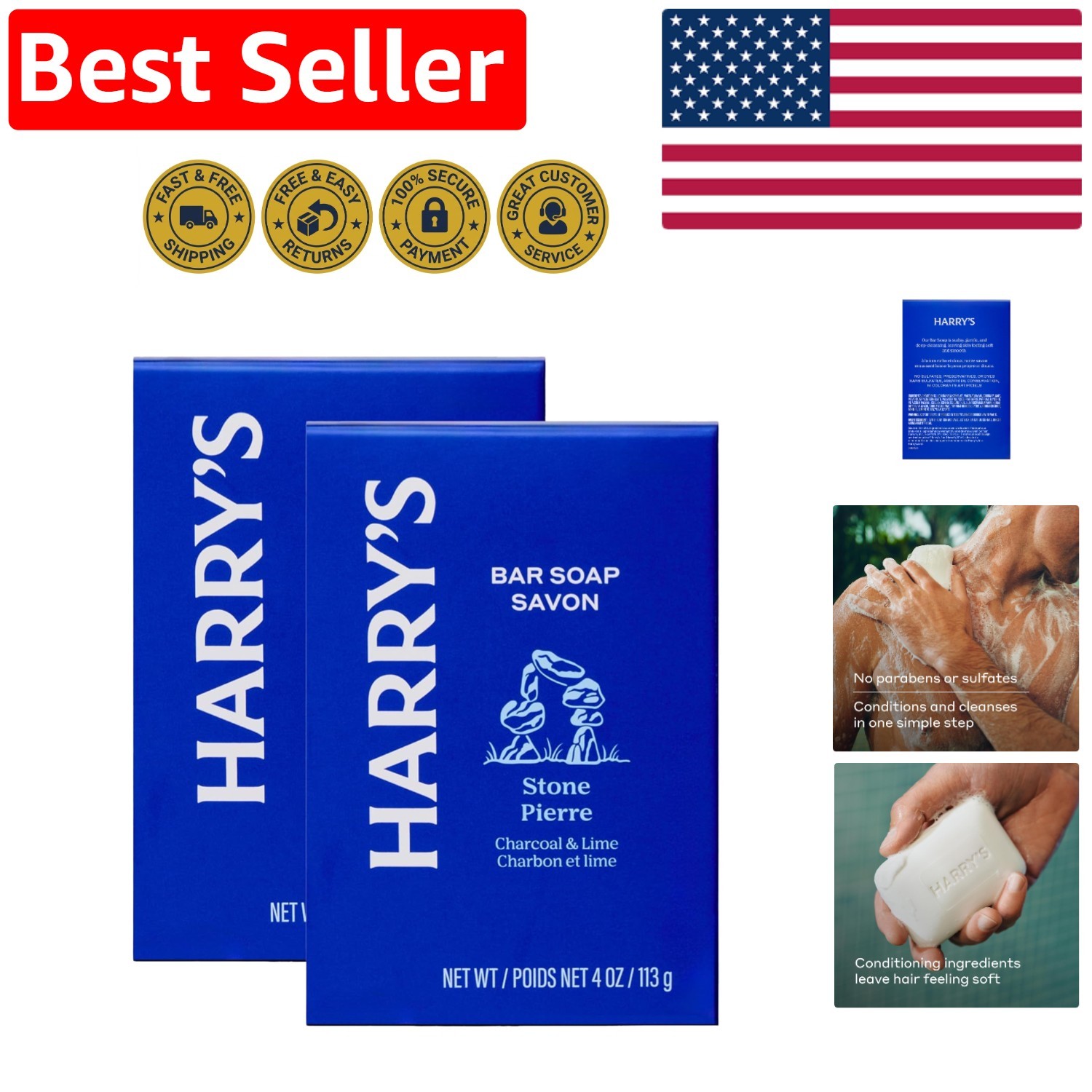 2 Pack Men’s Body Bar Soap – Stone Scent, Oil Control & Eco-Friendly Formula