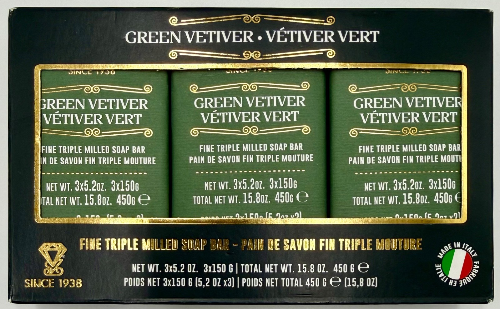 Zeni Green Vetiver Triple Milled Soap Bars 3x 5.2oz Made in Italy Total 15.8oz