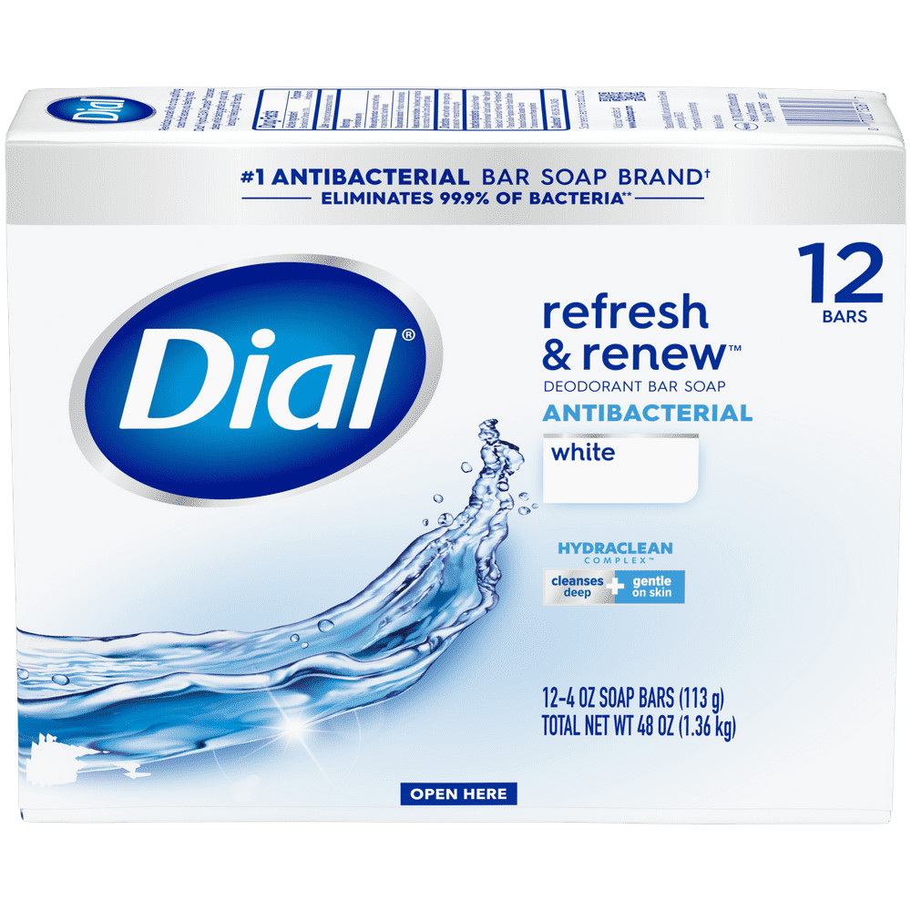 Dial Antibacterial Bar Soap, Refresh & Renew, White, 4 oz, 12 Bars