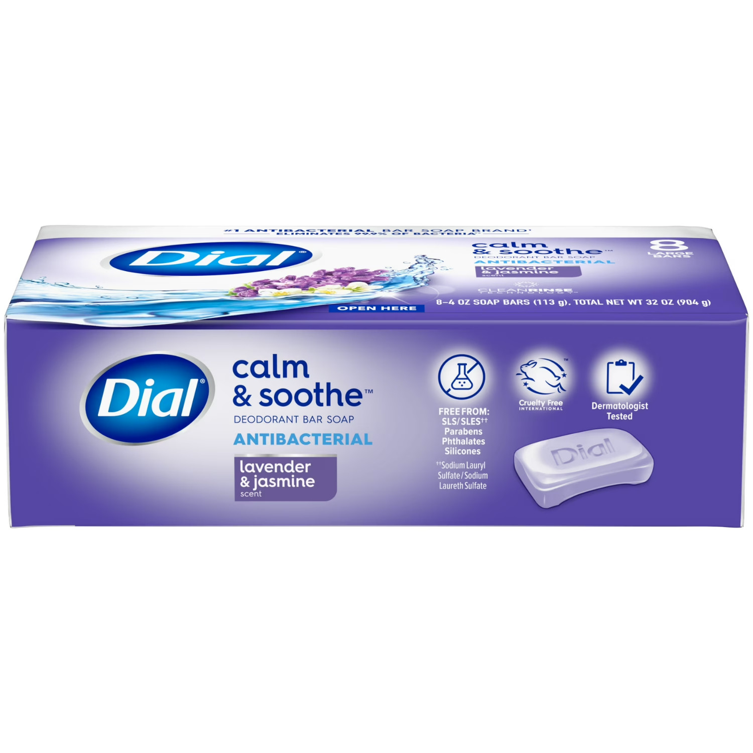 2 Pack Dial Lavender Jasmine Calm & Soothe Antibacterial Bar Soap 4 oz 8 Bars