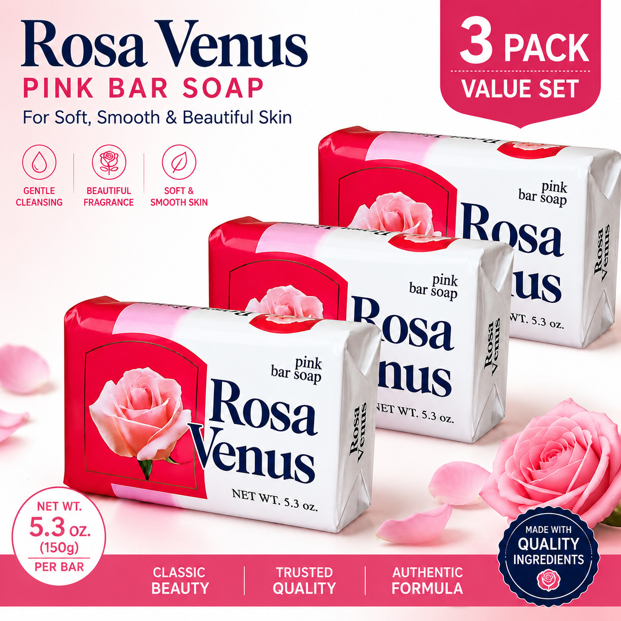 Rosa Venus Pink Bar Soap 3.5 oz – Pack of 3 FREE SHIPPING