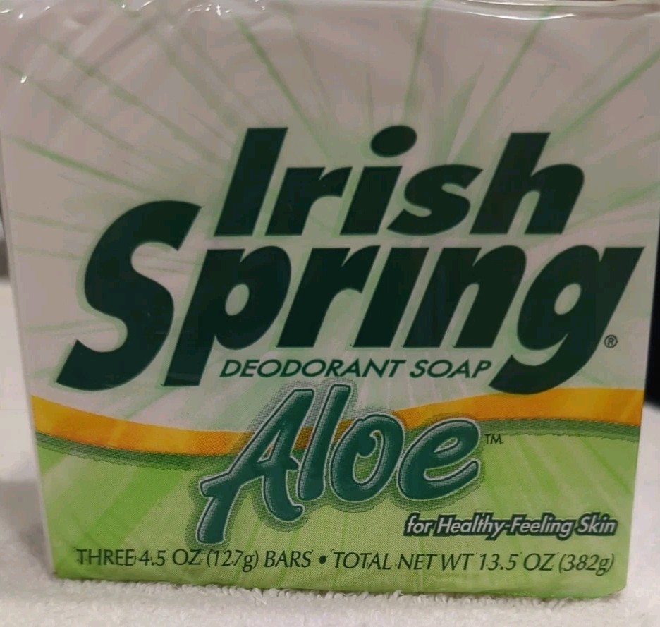 Irish Spring Aloe Deodorant Soap Bars Pack of 3 In Orig Plastic 4.5 OZ Bars NOS