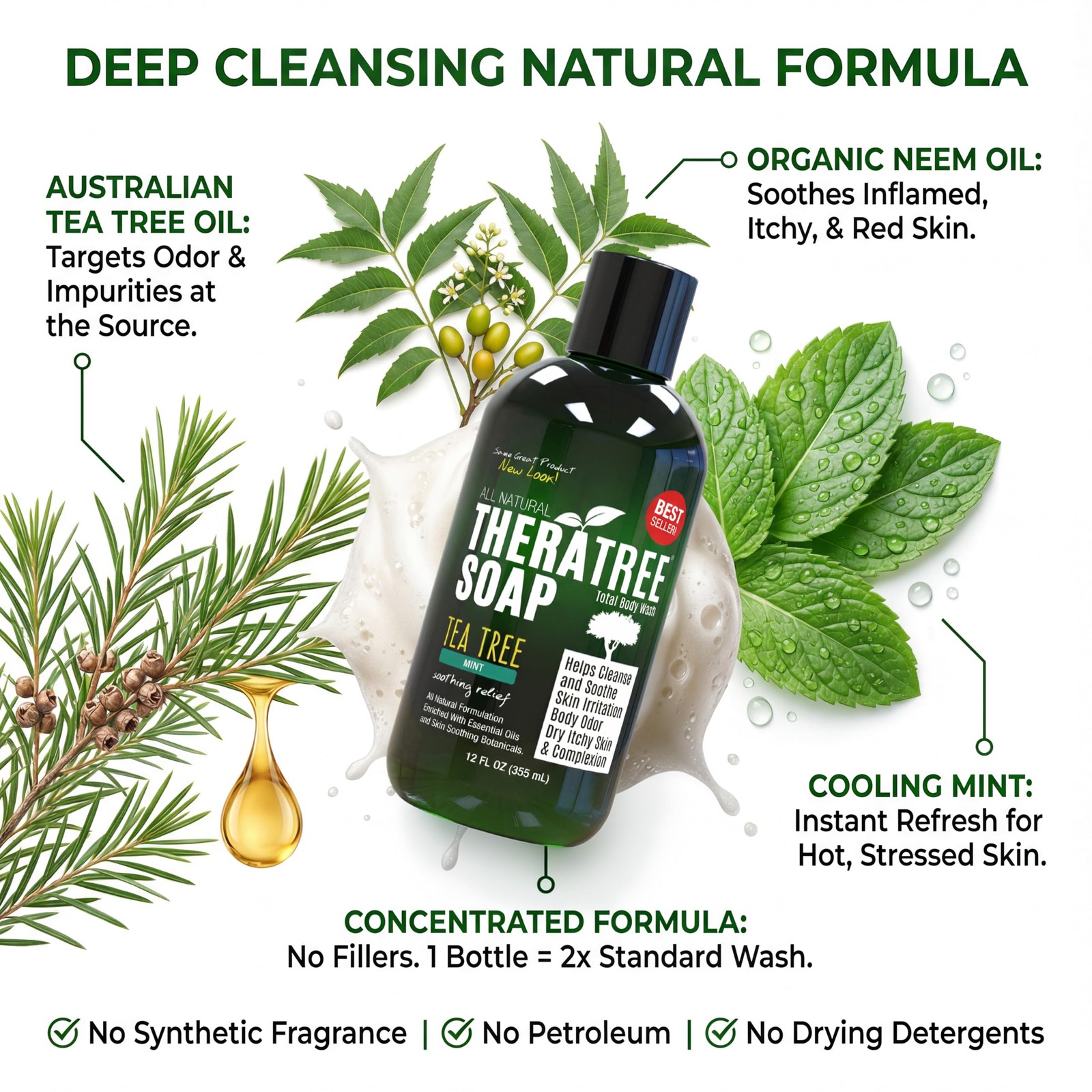 Oleavine TheraTree Tea Tree Oil Body Wash & Foot Wash Mint Natural Cleansin…