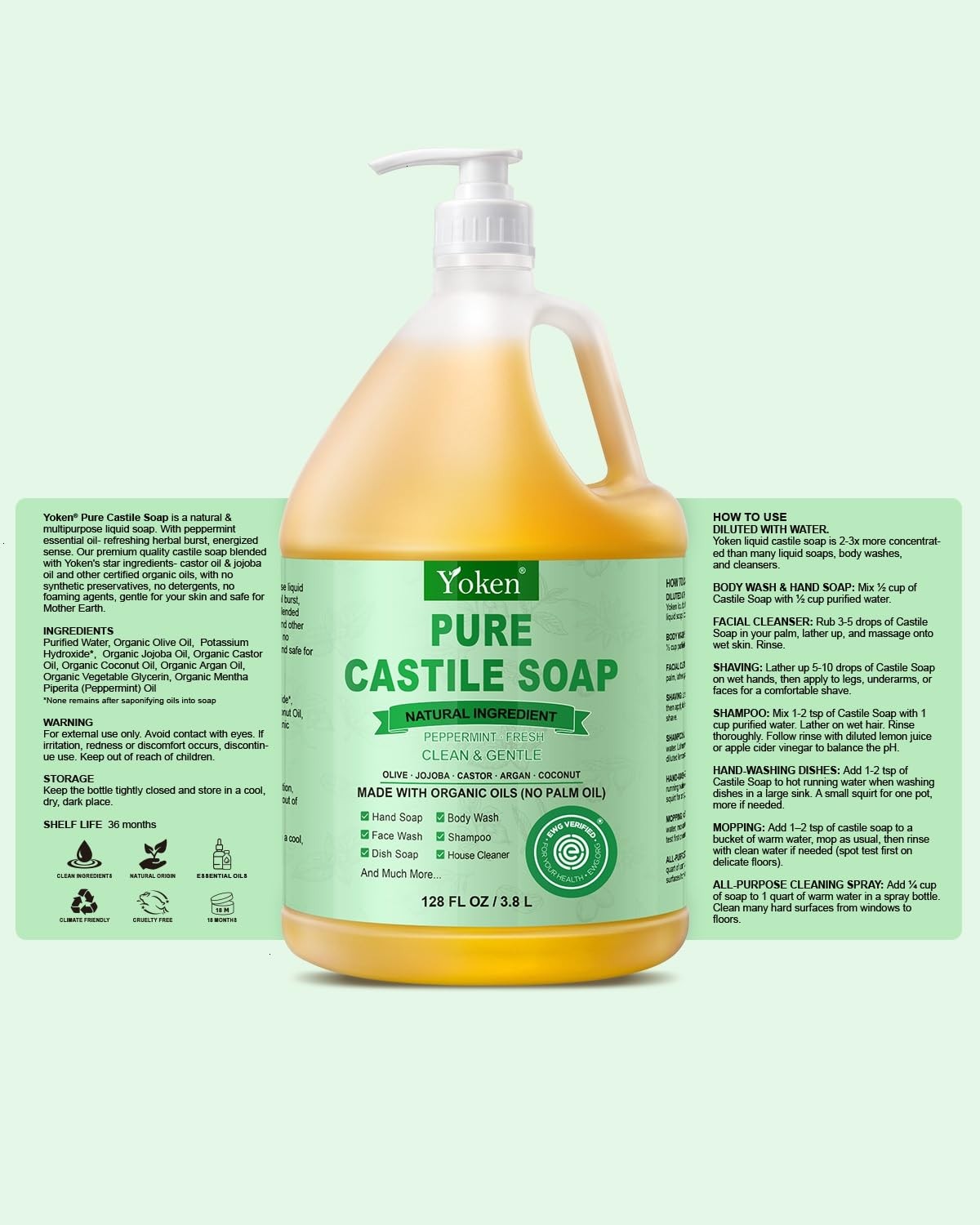 Yoken EWG Verified Peppermint Castile Soap Liquid, 1 128 Fl Oz (Pack of 1)