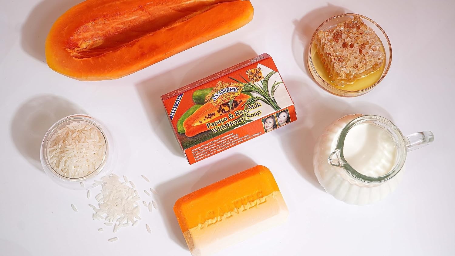 ASANTEE Papaya Rice Milk Honey Cleansing Soap Bar 125g AHA Vitamins A E