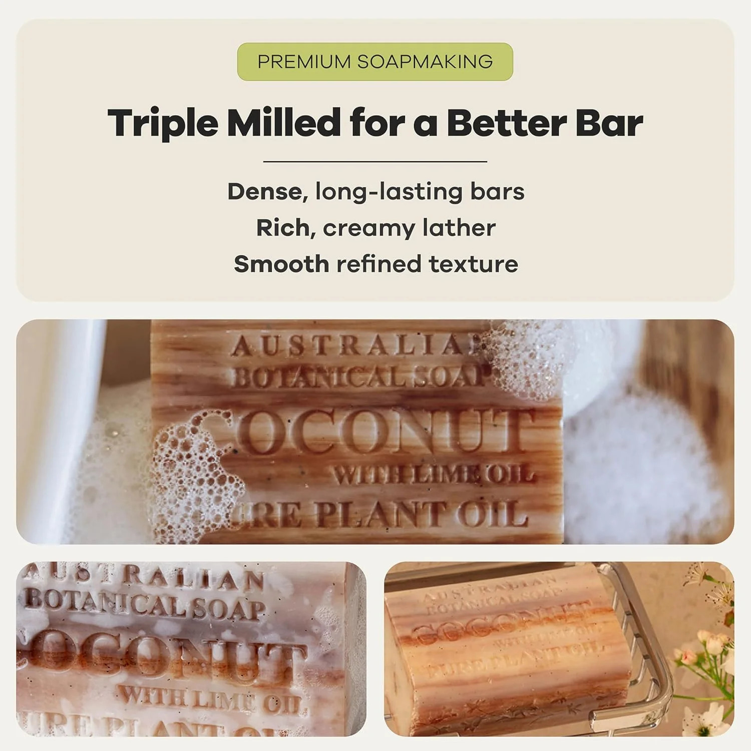 Australian Botanical Soap, 6.6 OZ, Coconut and Lime Oil, Triple Milled Bars made
