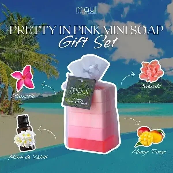 Maui Soap Co Pretty In Pink Gift Guest Set Bar Soap with Kukui & Coconut Oil